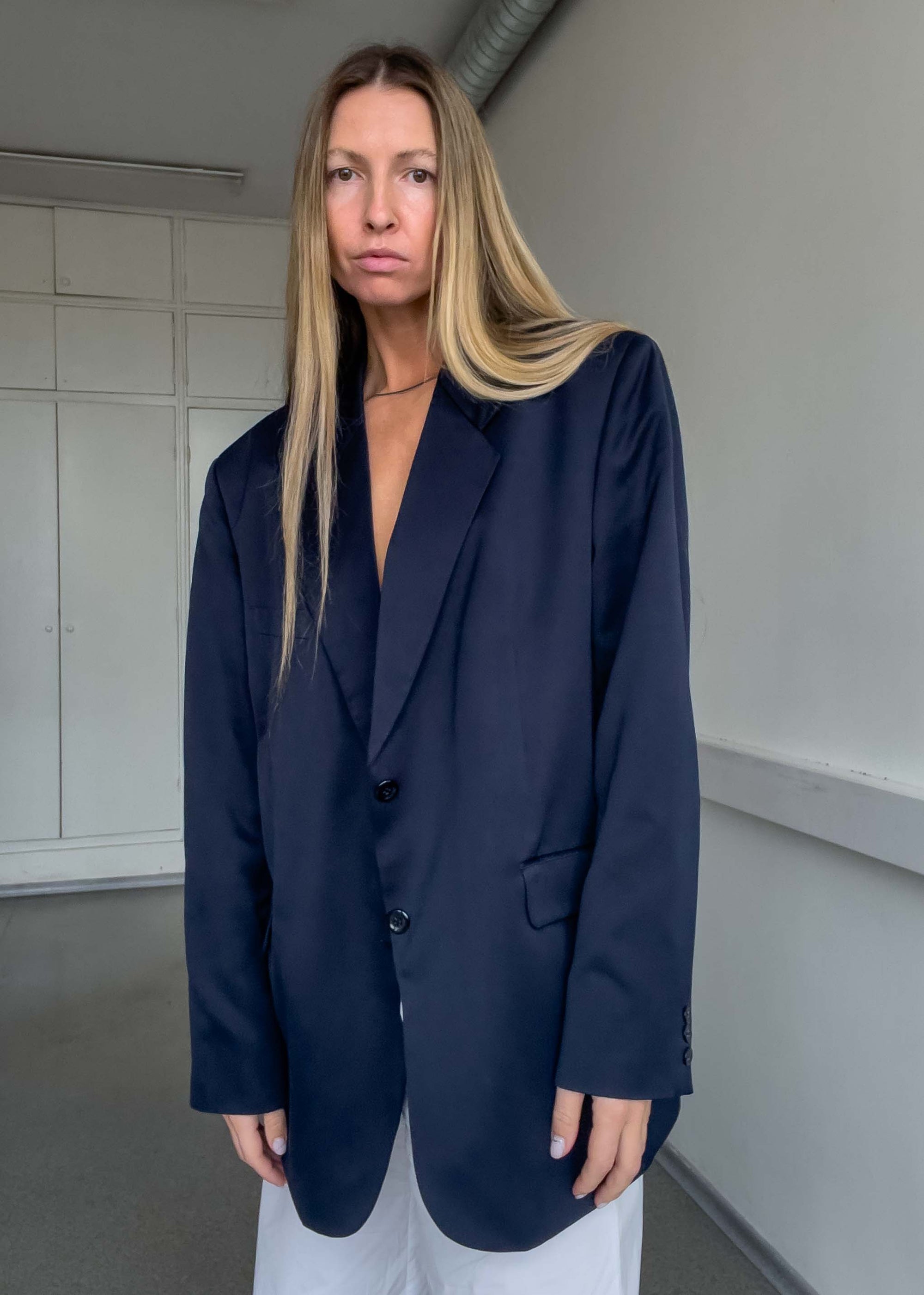 Vintage Navy Blue Oversized Satin Finish Blazer
