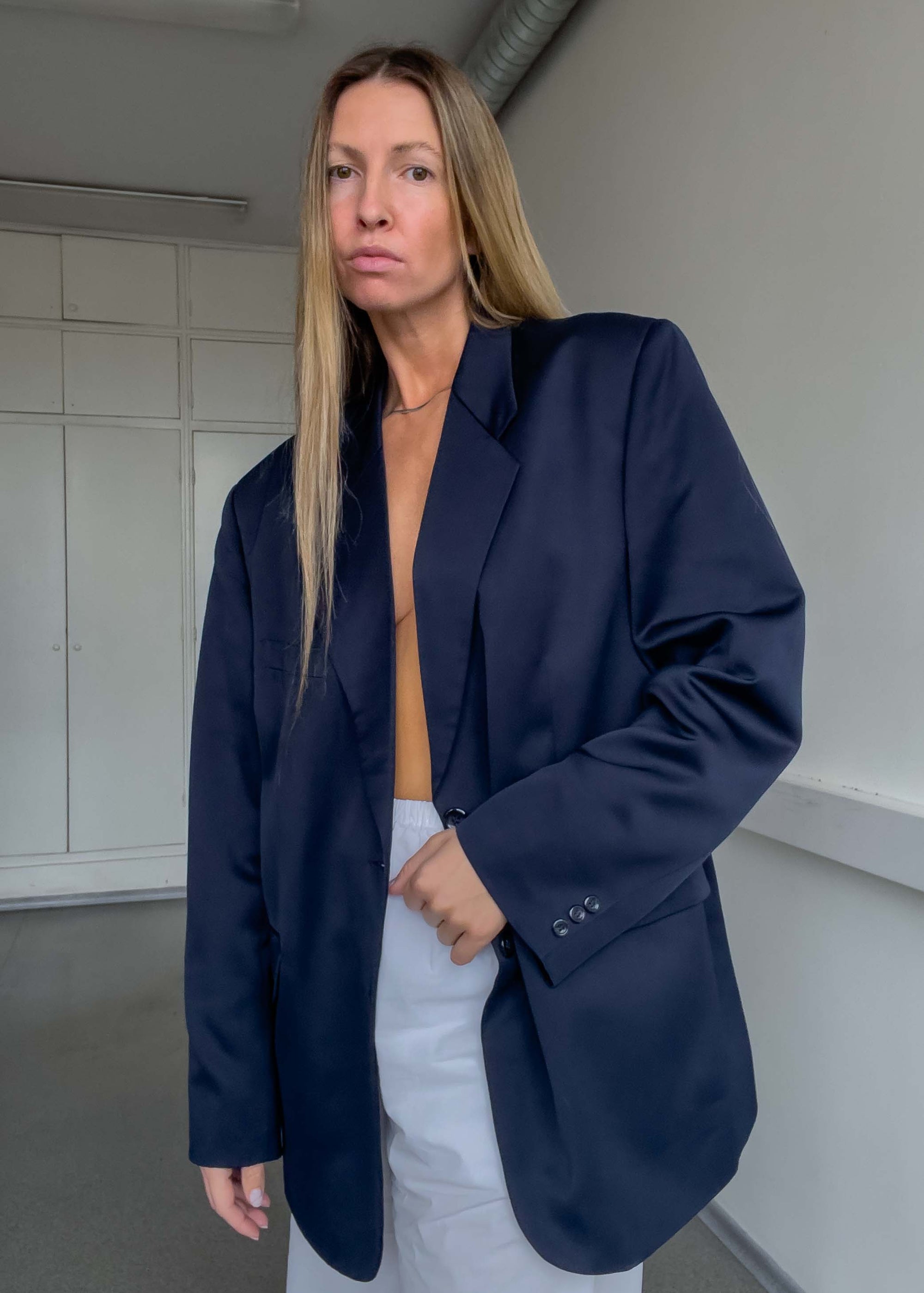 Vintage Navy Blue Oversized Satin Finish Blazer