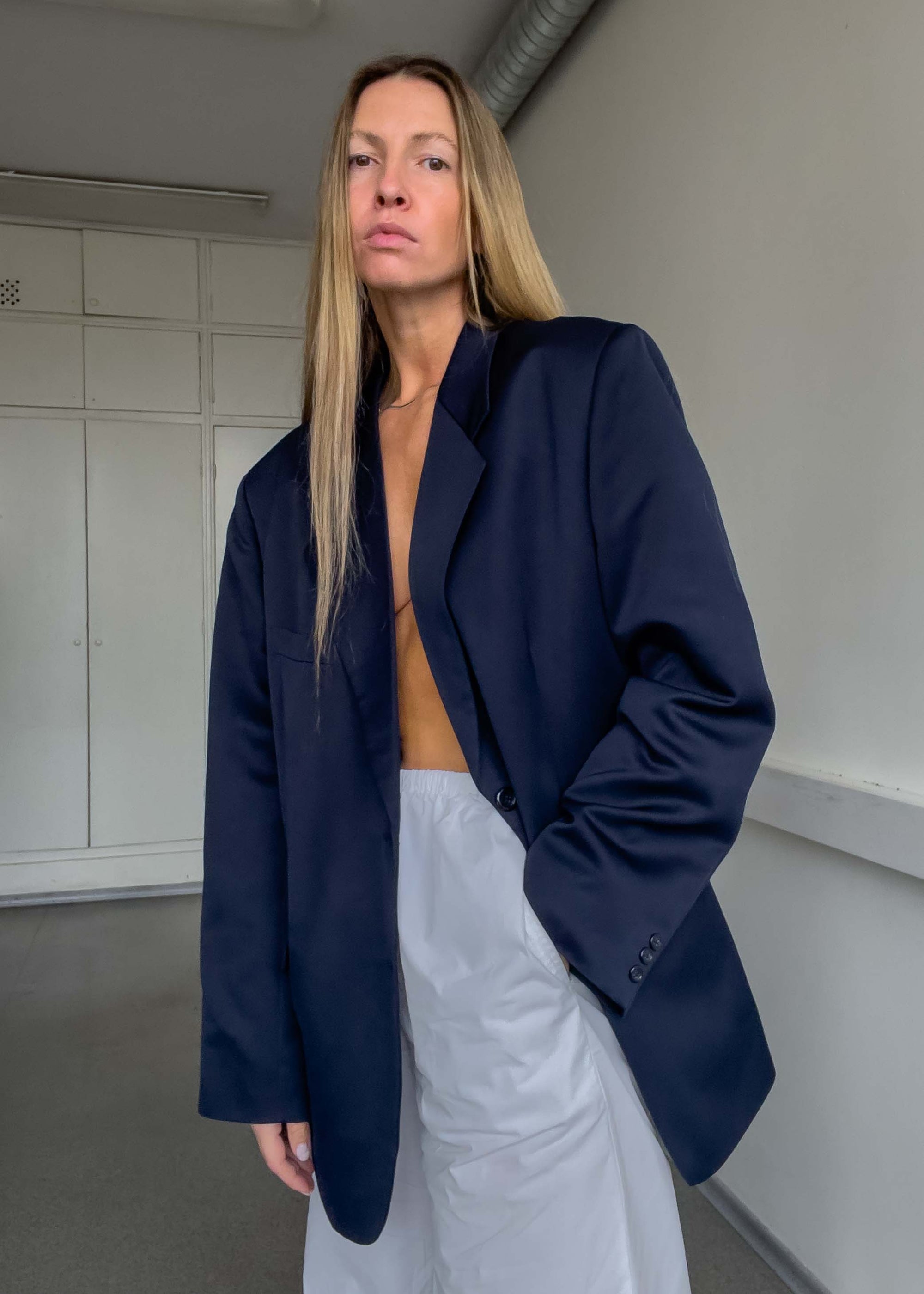 Vintage Navy Blue Oversized Satin Finish Blazer