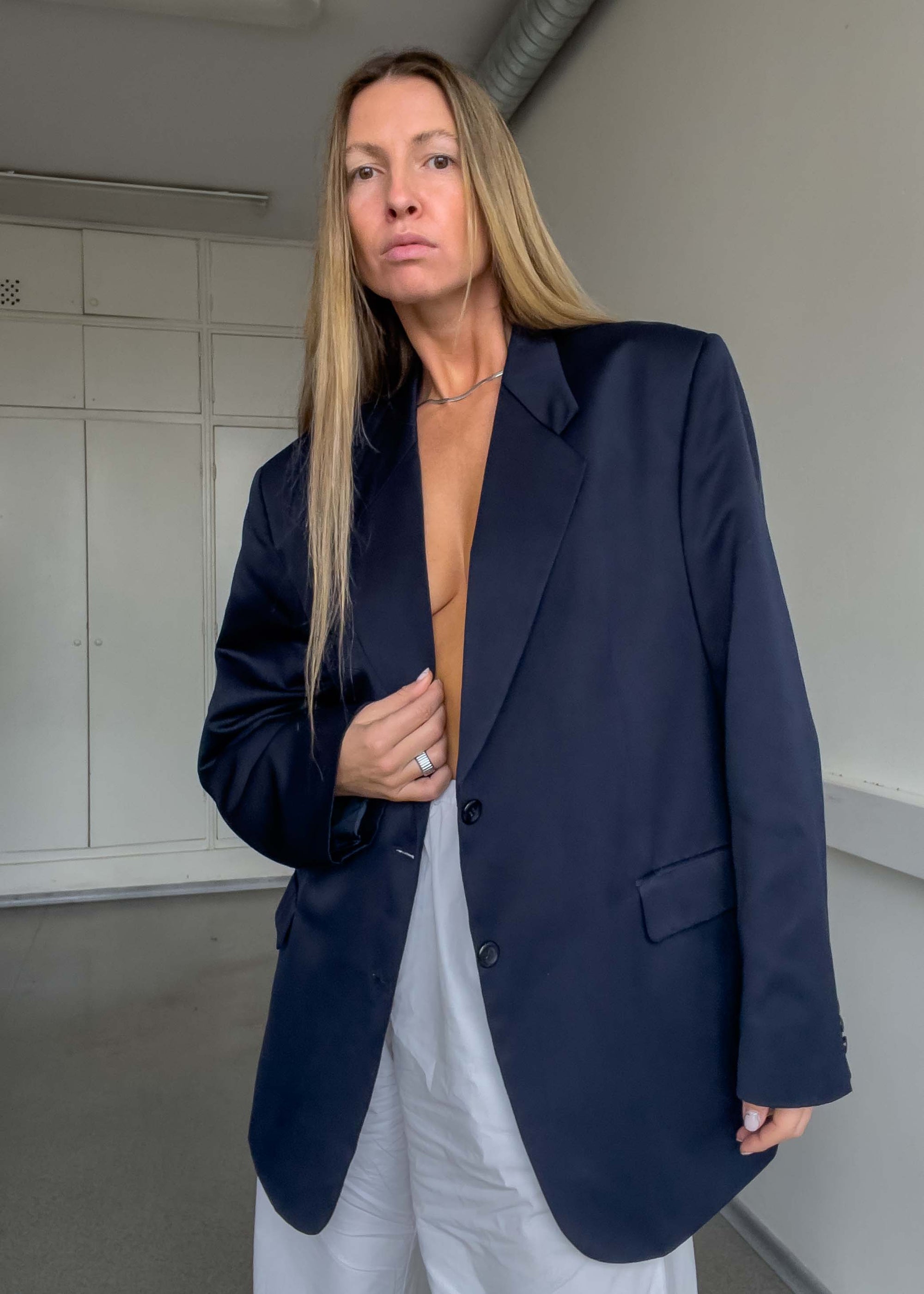 Vintage Navy Blue Oversized Satin Finish Blazer