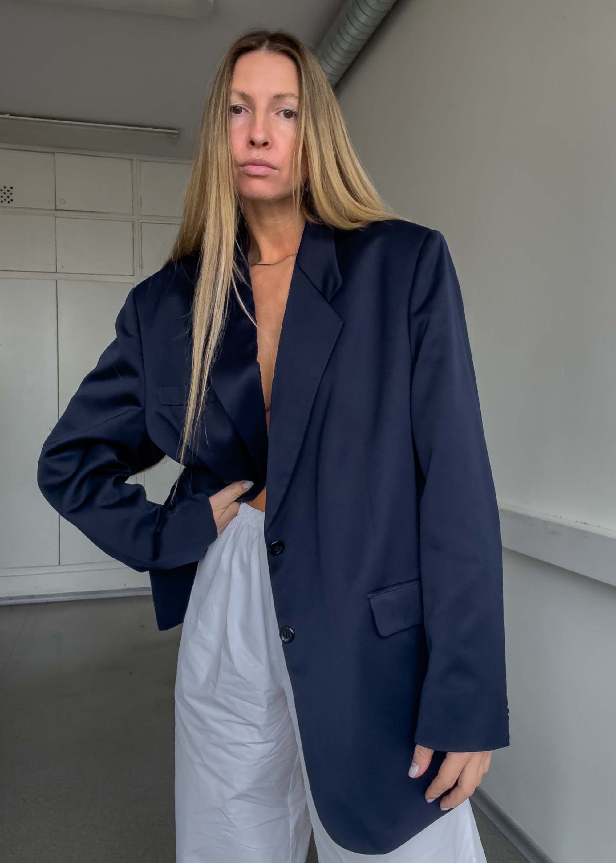 Vintage Navy Blue Oversized Satin Finish Blazer