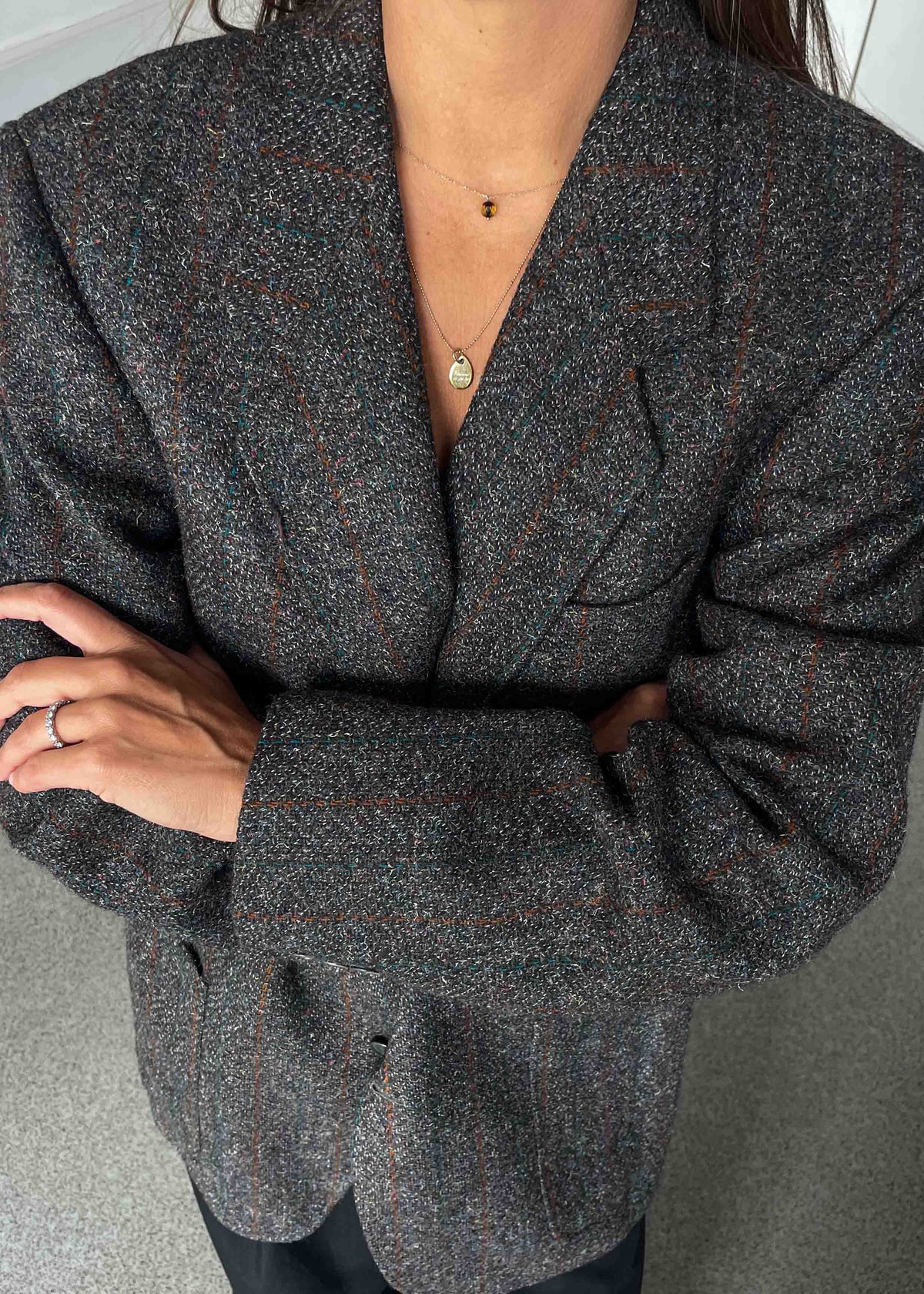 Vintage Grey Checked Brushed Wool Oversized Blazer