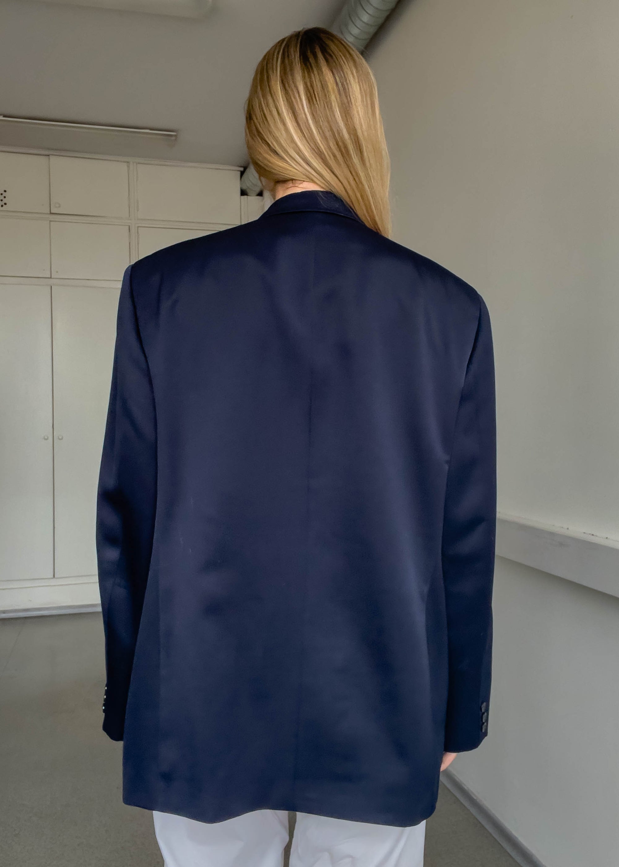 Vintage Navy Blue Oversized Satin Finish Blazer