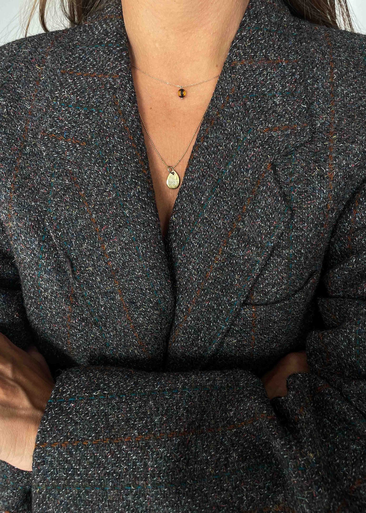 Vintage Grey Checked Brushed Wool Oversized Blazer