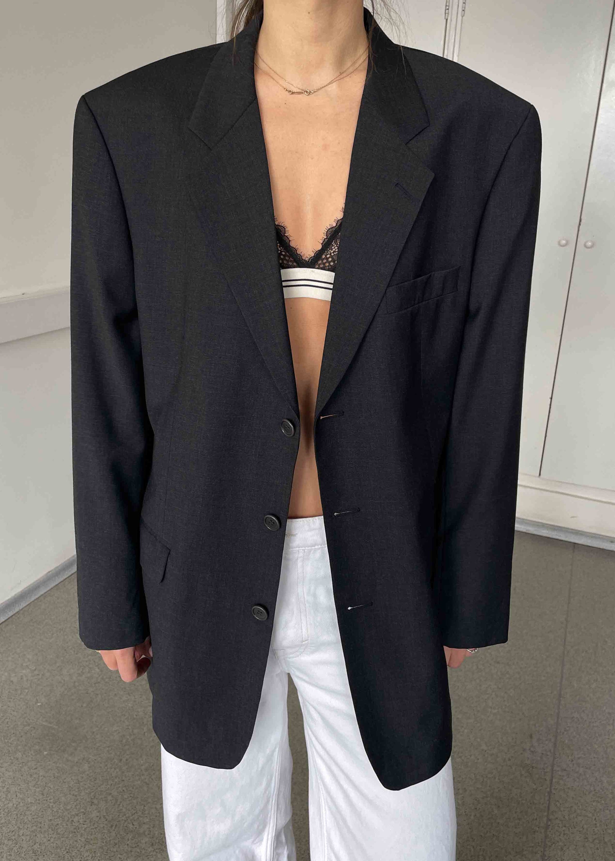 Vintage Dark Grey Oversized 100% WOOL Blazer