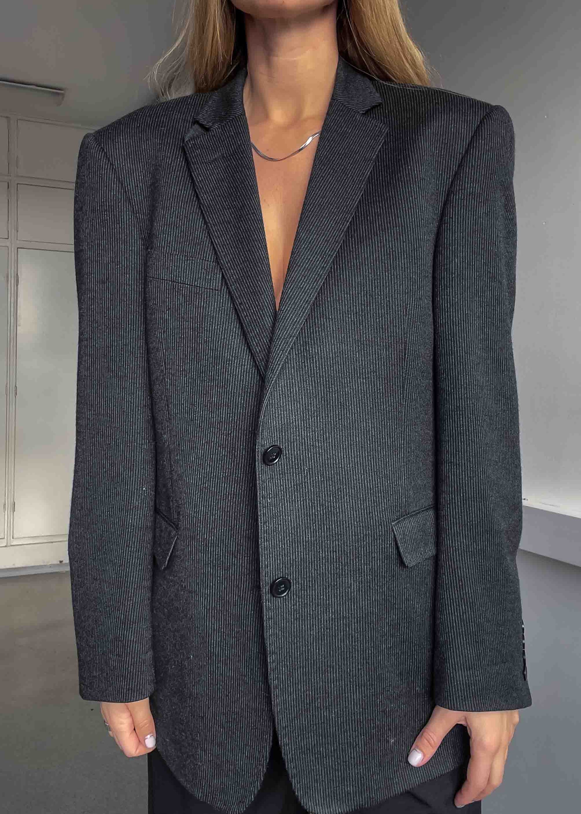 Vintage Dark Grey Striped Oversized Blazer