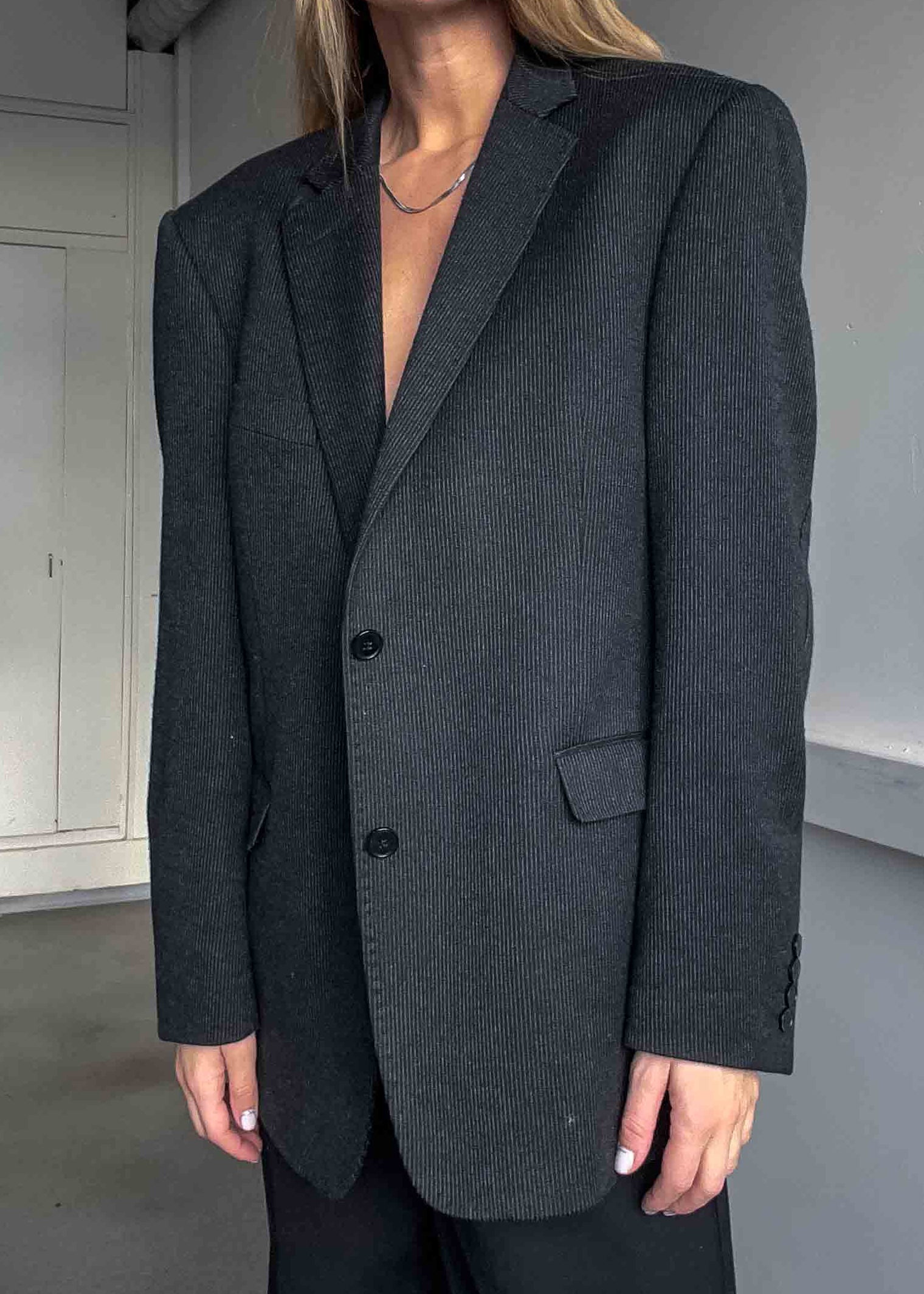 Vintage Dark Grey Striped Oversized Blazer