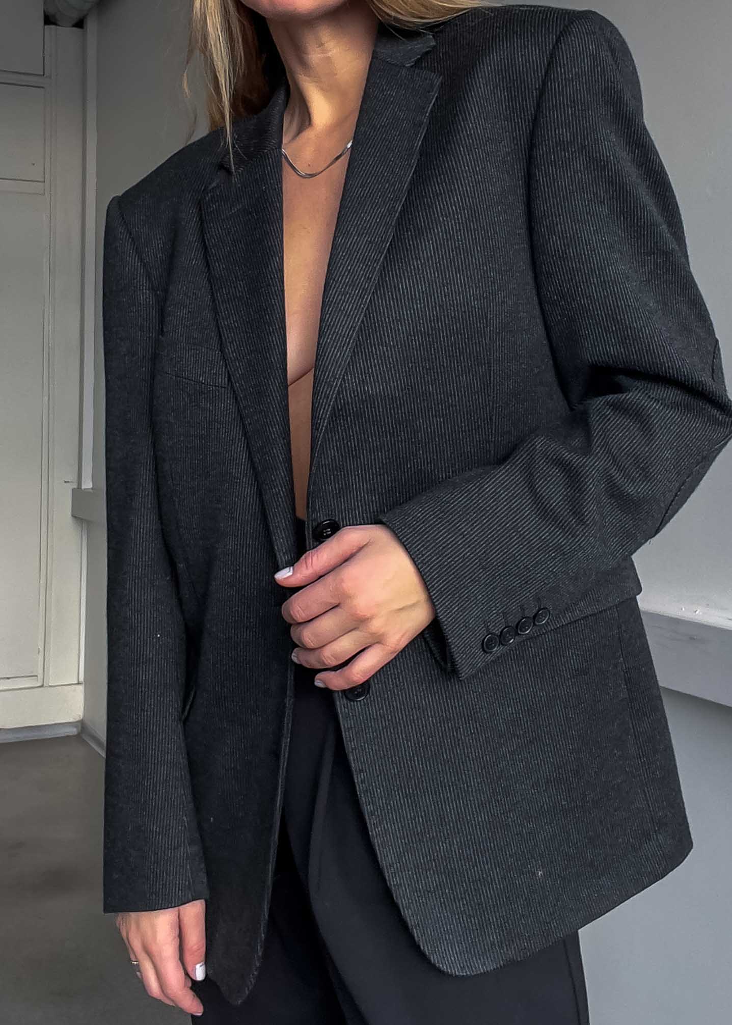 Vintage Dark Grey Striped Oversized Blazer