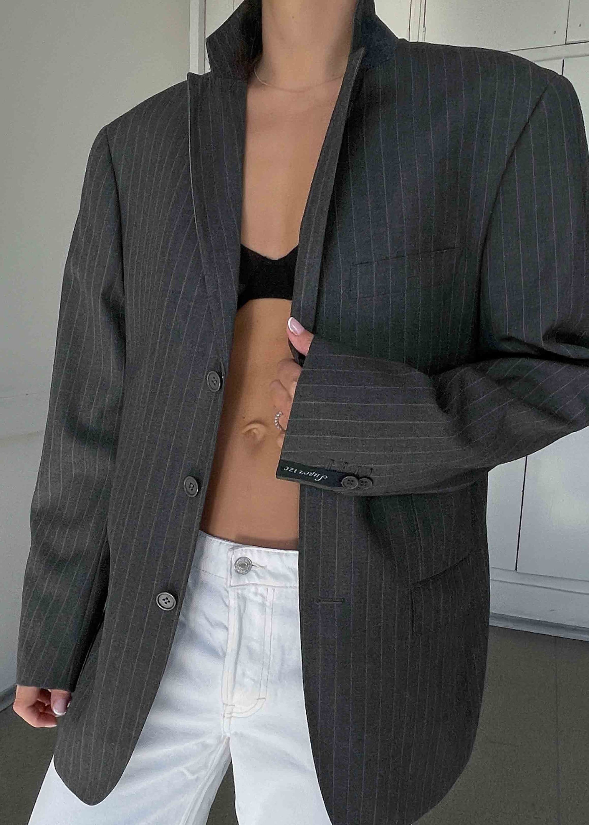 Vintage Khaki Grey Stripped Oversized Blazer