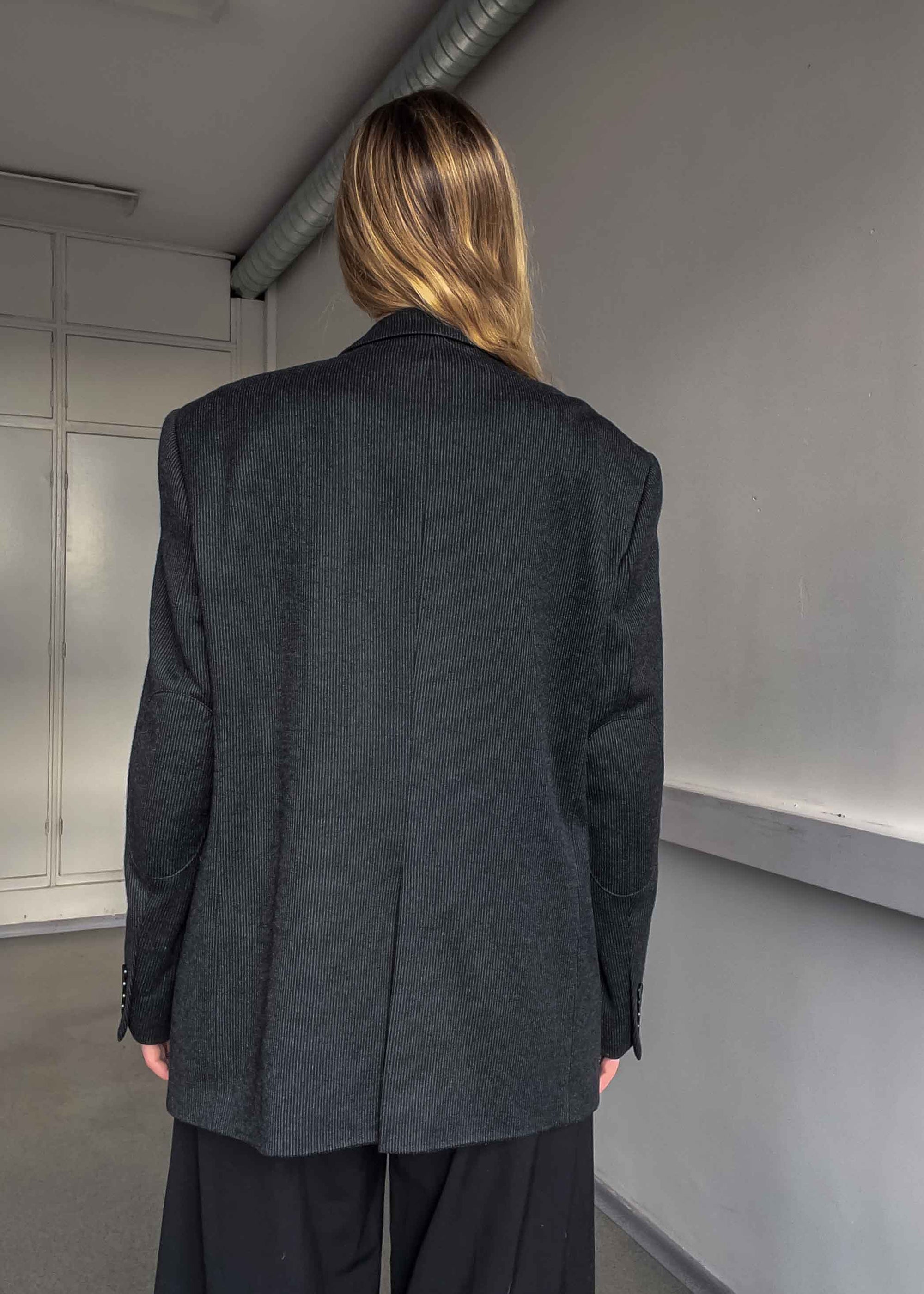 Vintage Dark Grey Striped Oversized Blazer