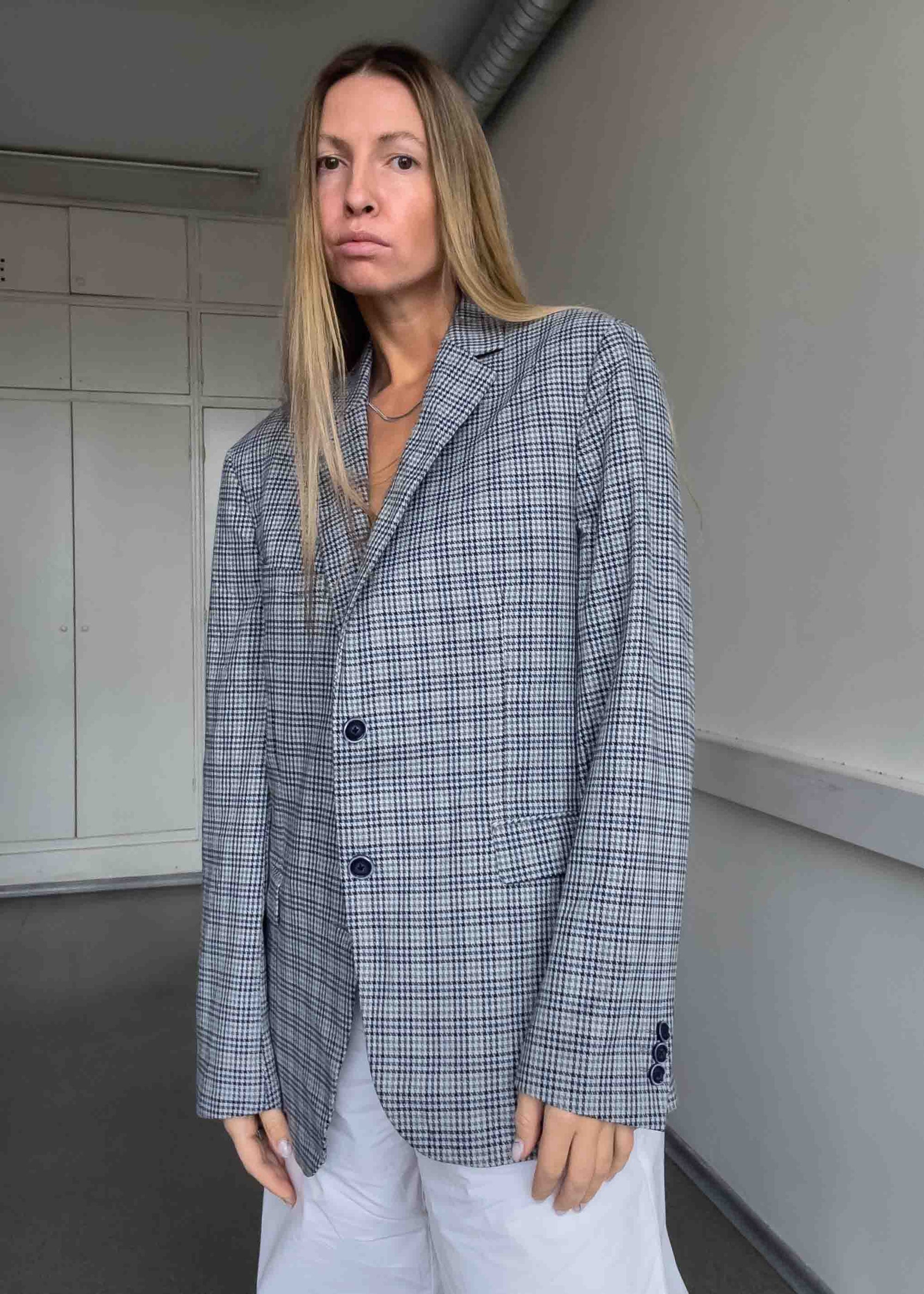 Vintage Checked Dogtooth Print Oversized Blazer