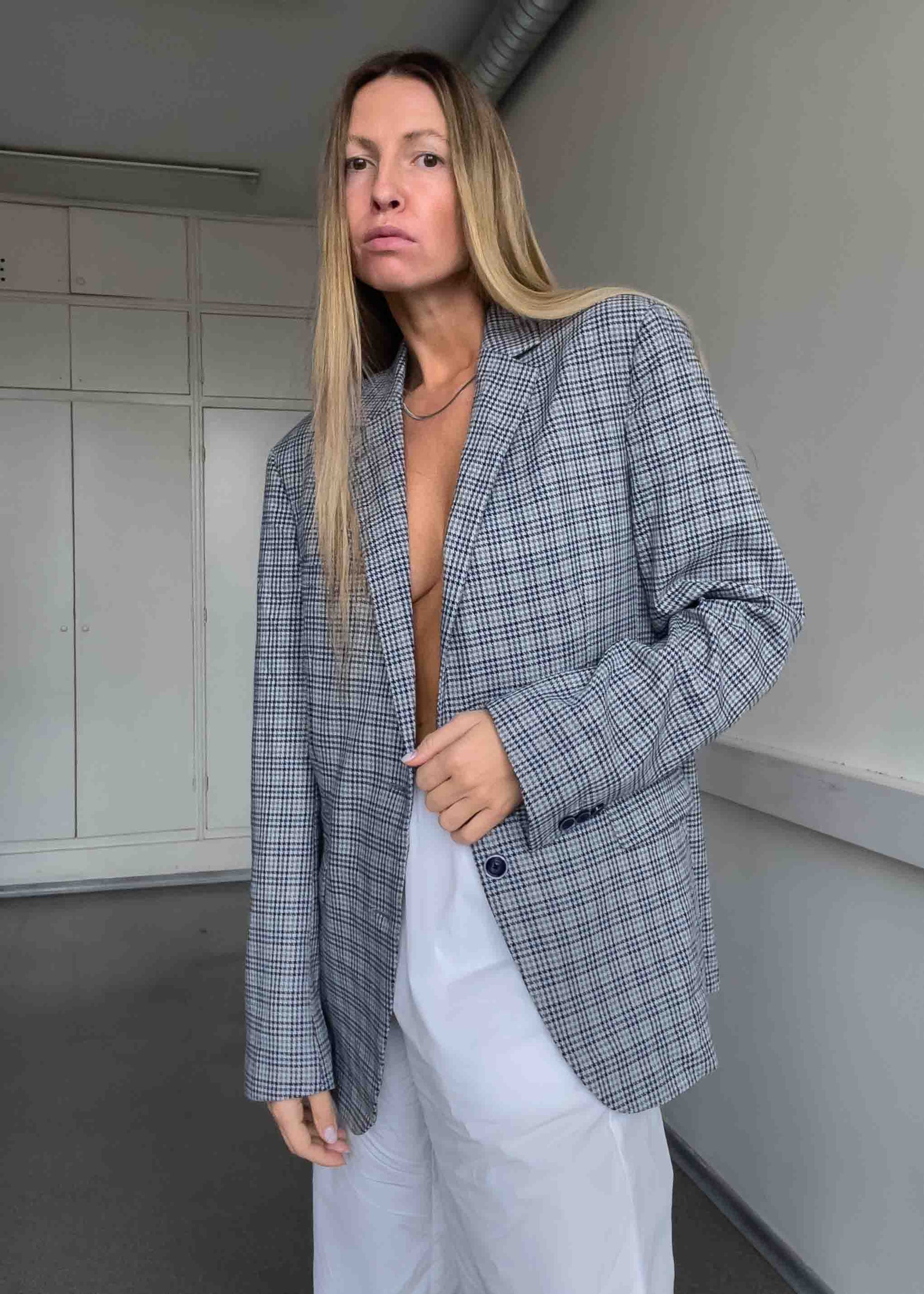 Vintage Checked Dogtooth Print Oversized Blazer