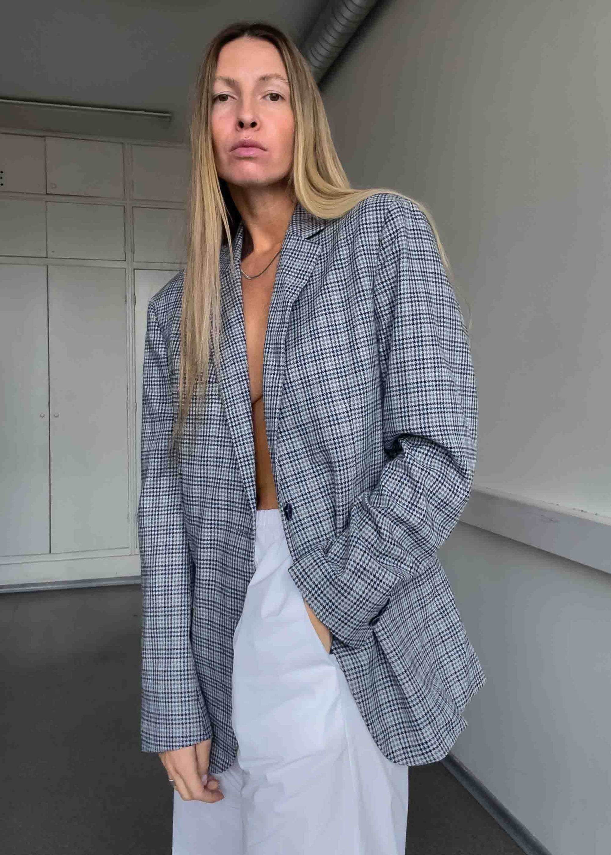 Vintage Checked Dogtooth Print Oversized Blazer