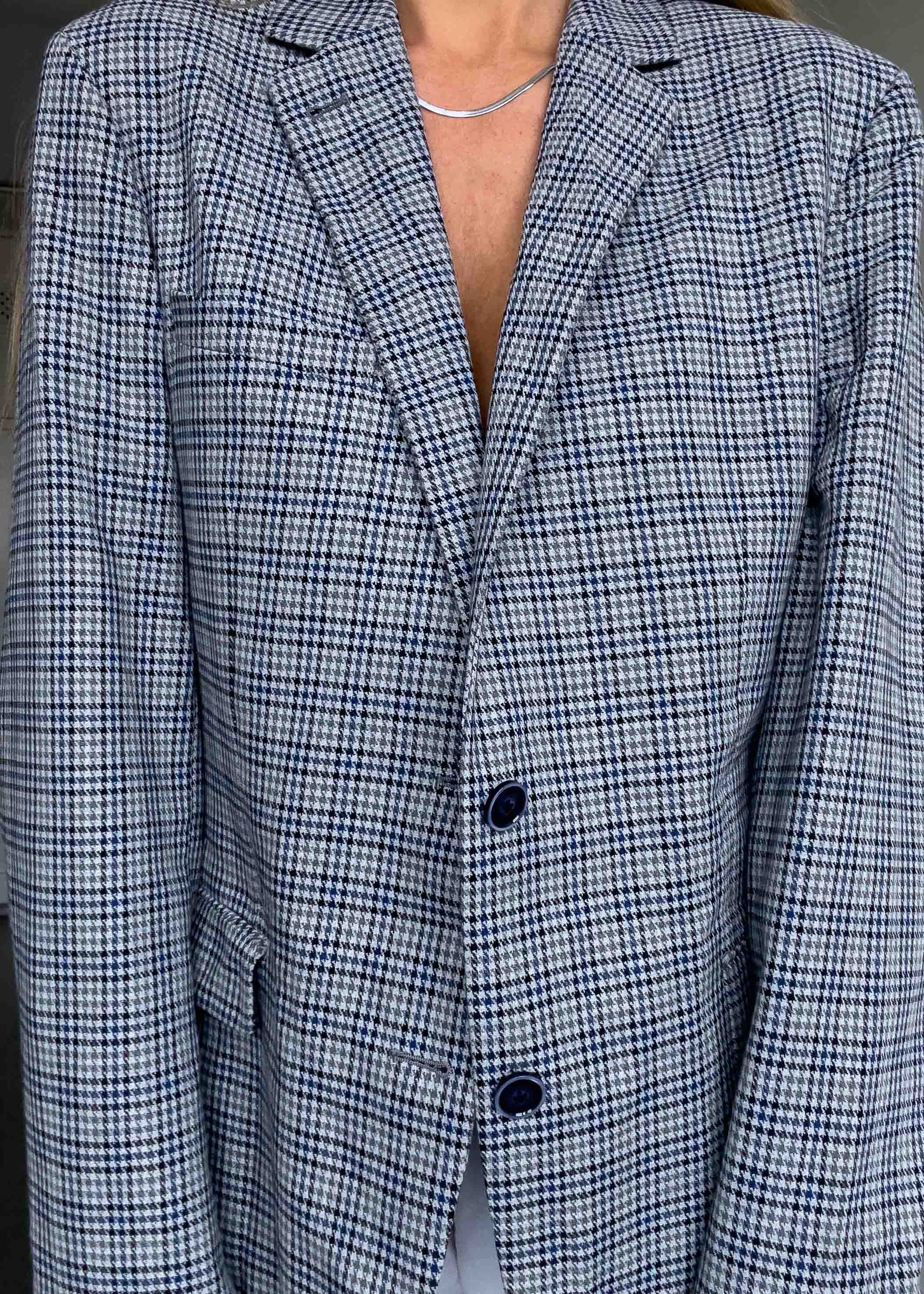 Vintage Checked Dogtooth Print Oversized Blazer