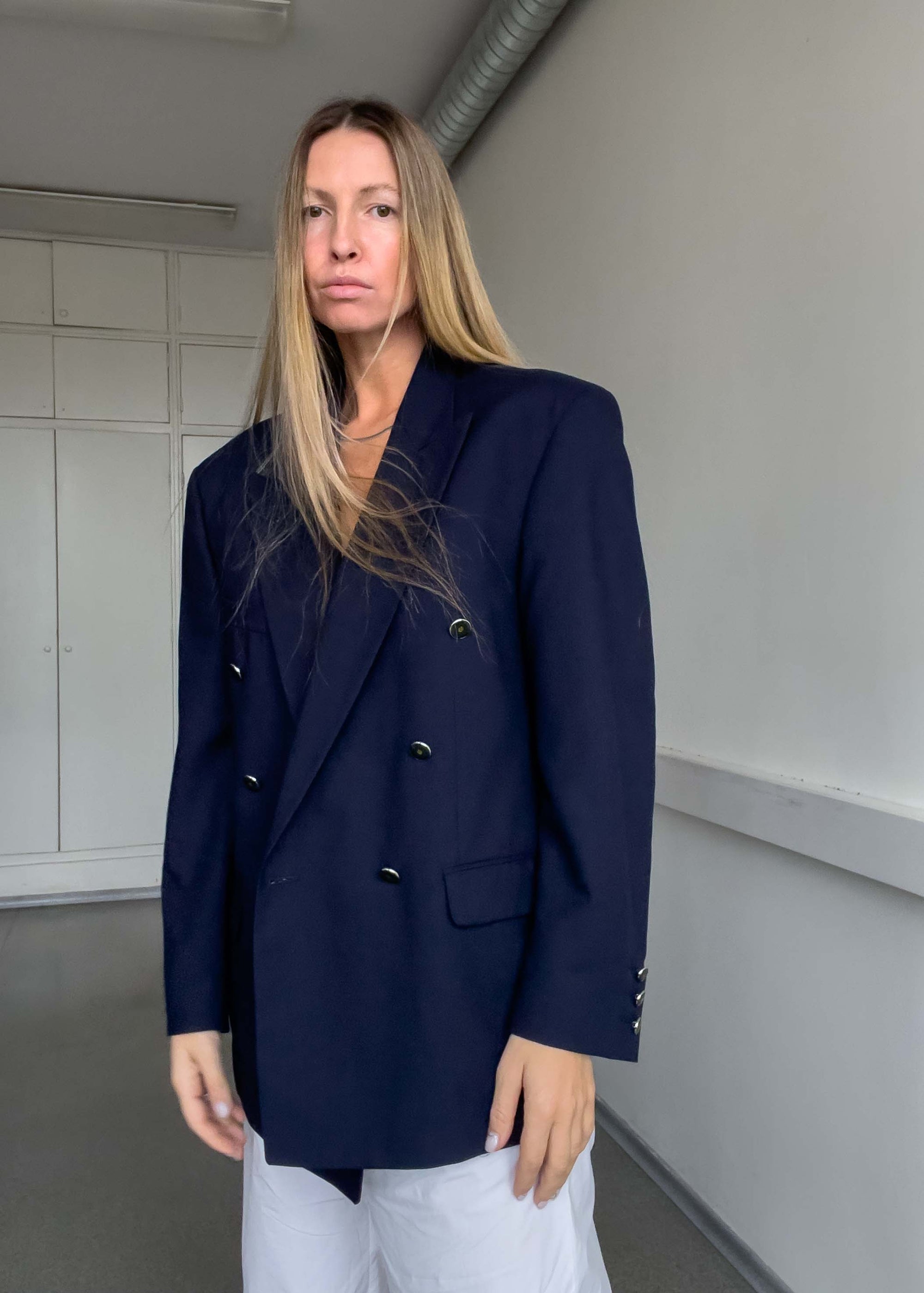 Vintage Navy Blue Oversized Double Breasted Blazer