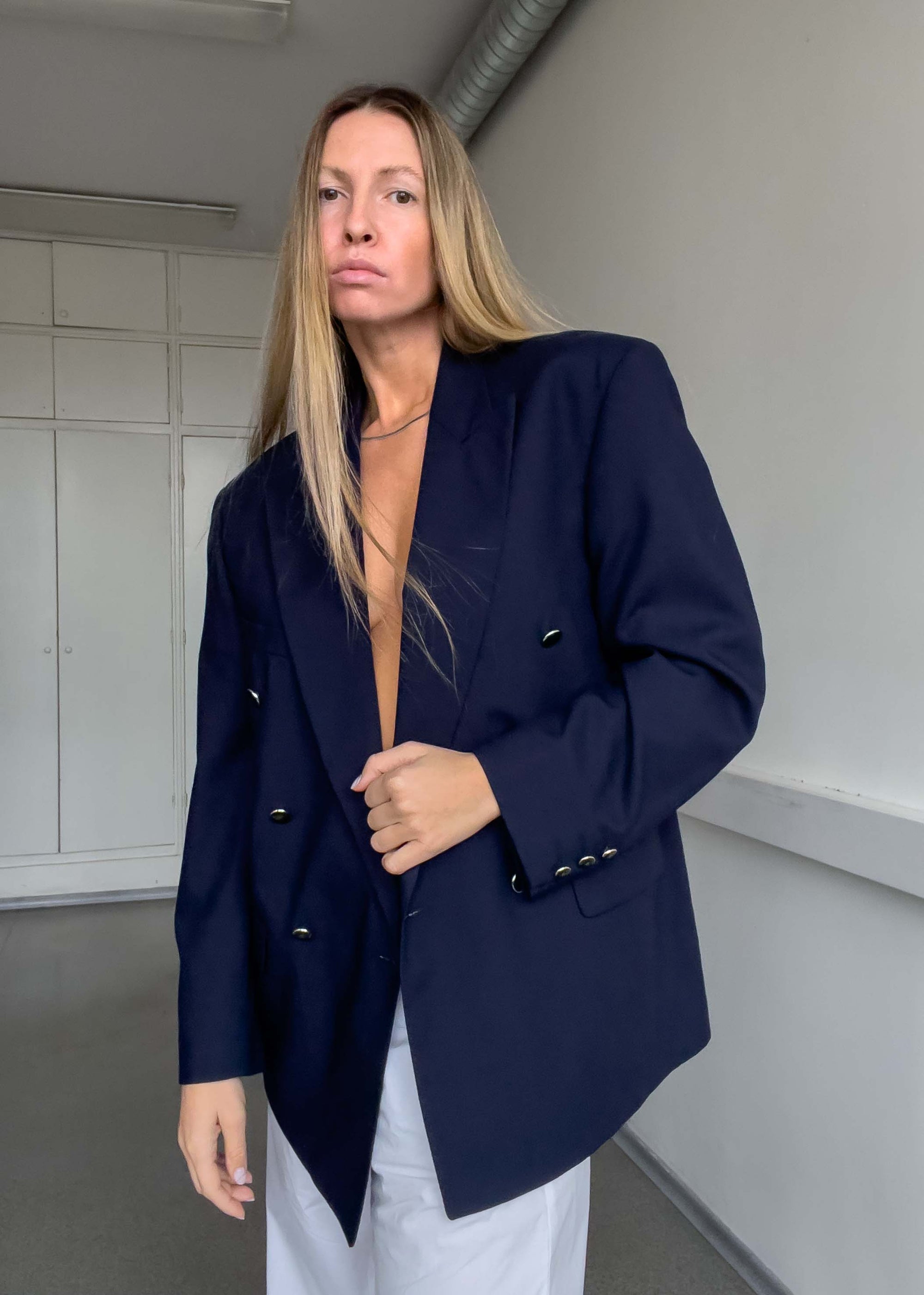 Vintage Navy Blue Oversized Double Breasted Blazer