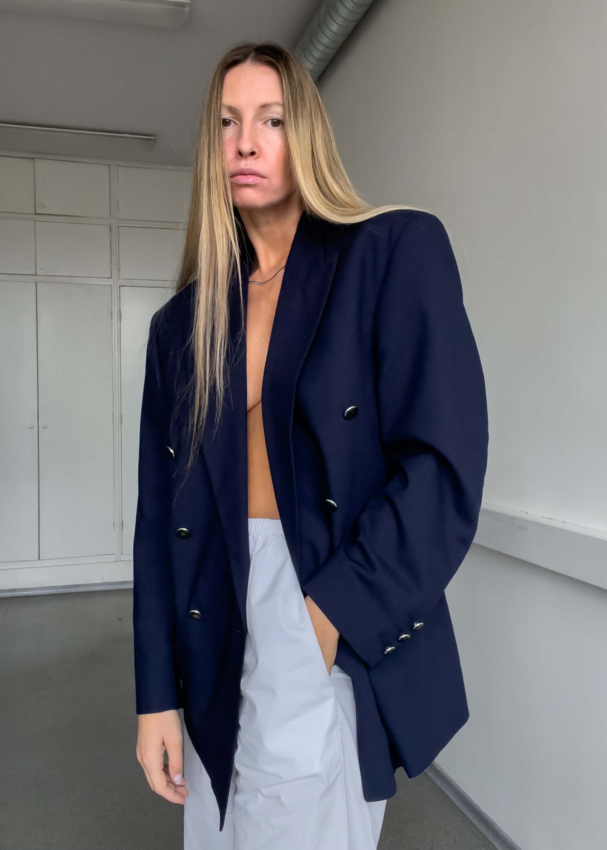Vintage Navy Blue Oversized Double Breasted Blazer