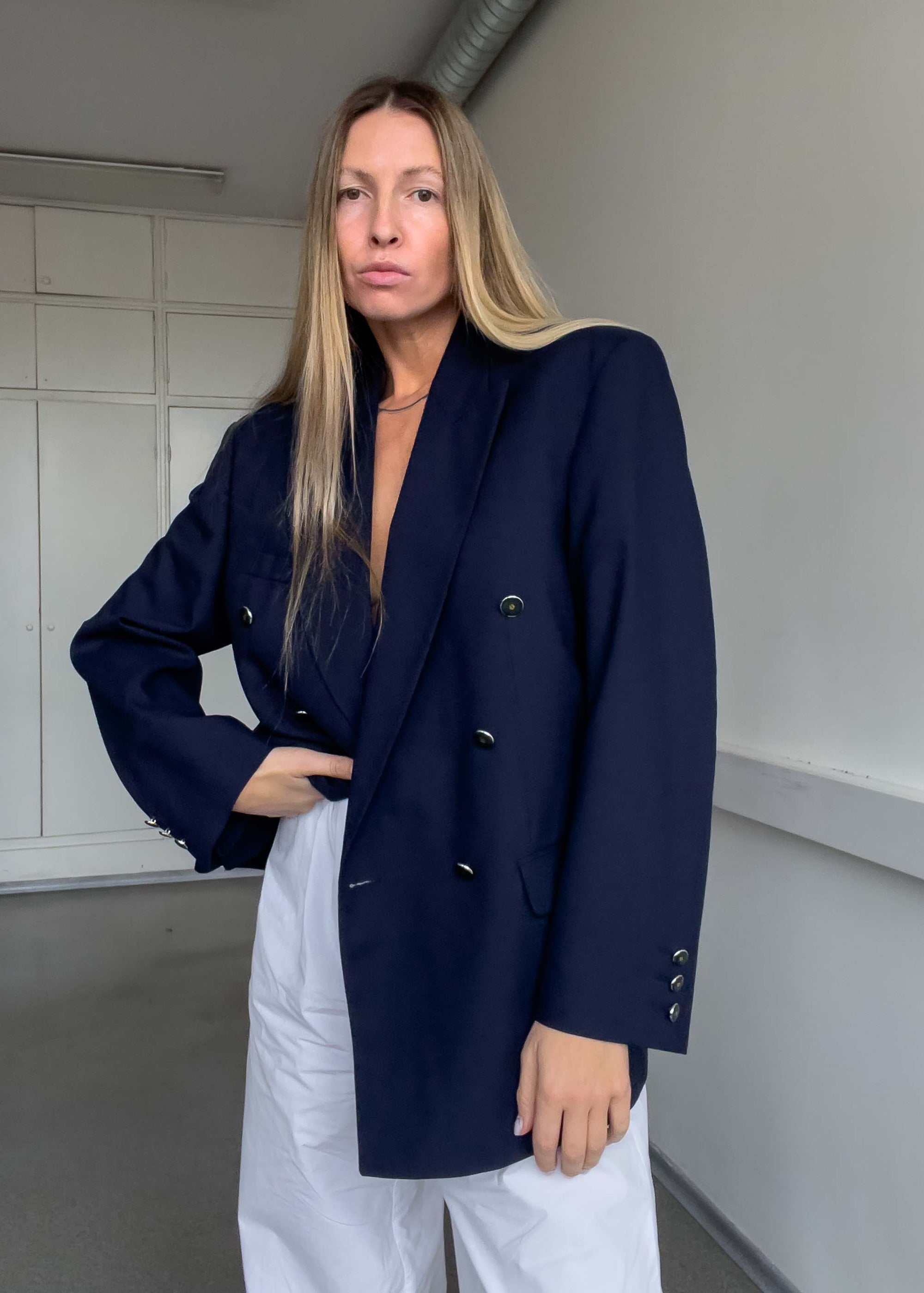 Vintage Navy Blue Oversized Double Breasted Blazer