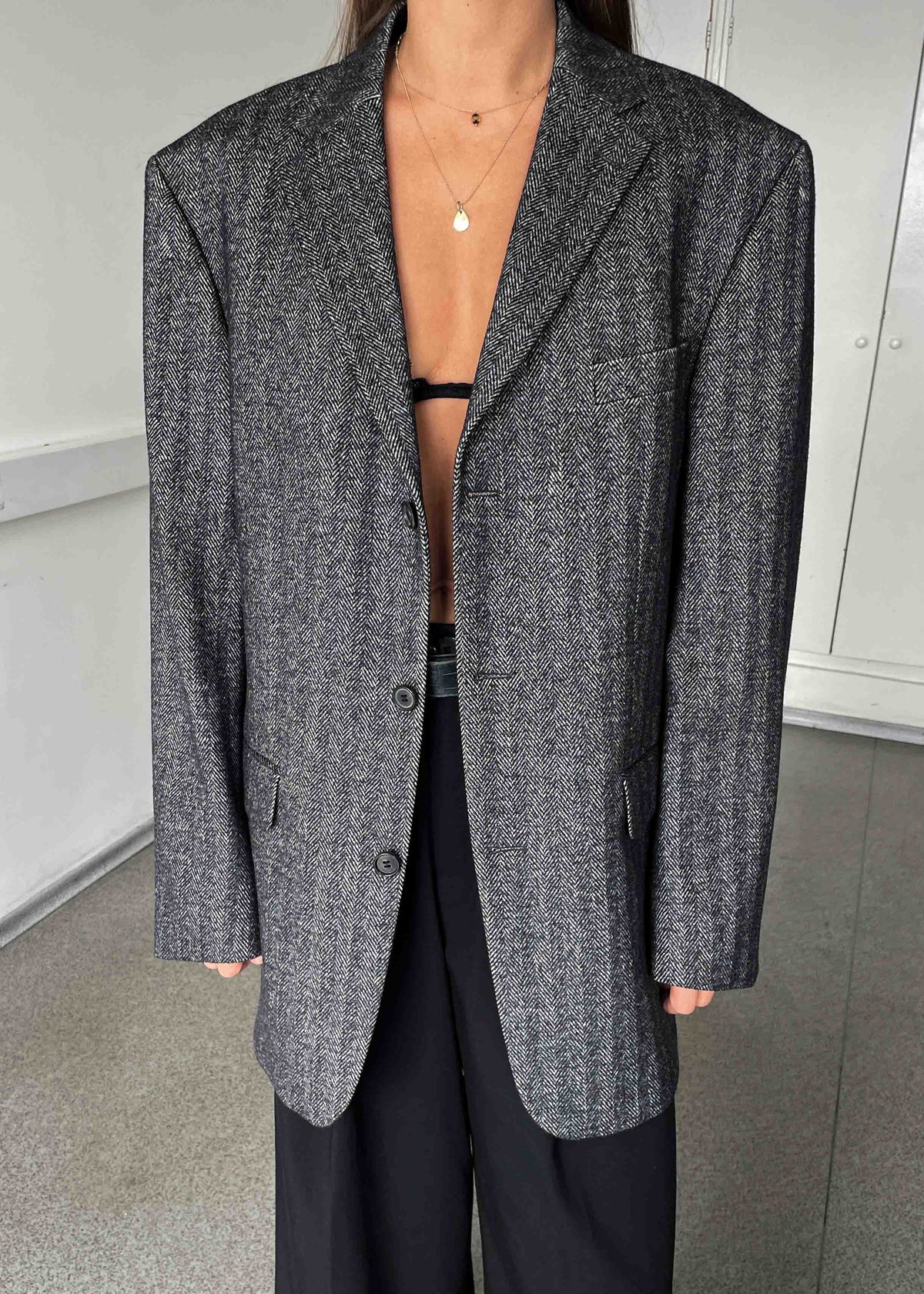 Vintage Dark Grey Patterned Oversized 100% WOOL Blazer
