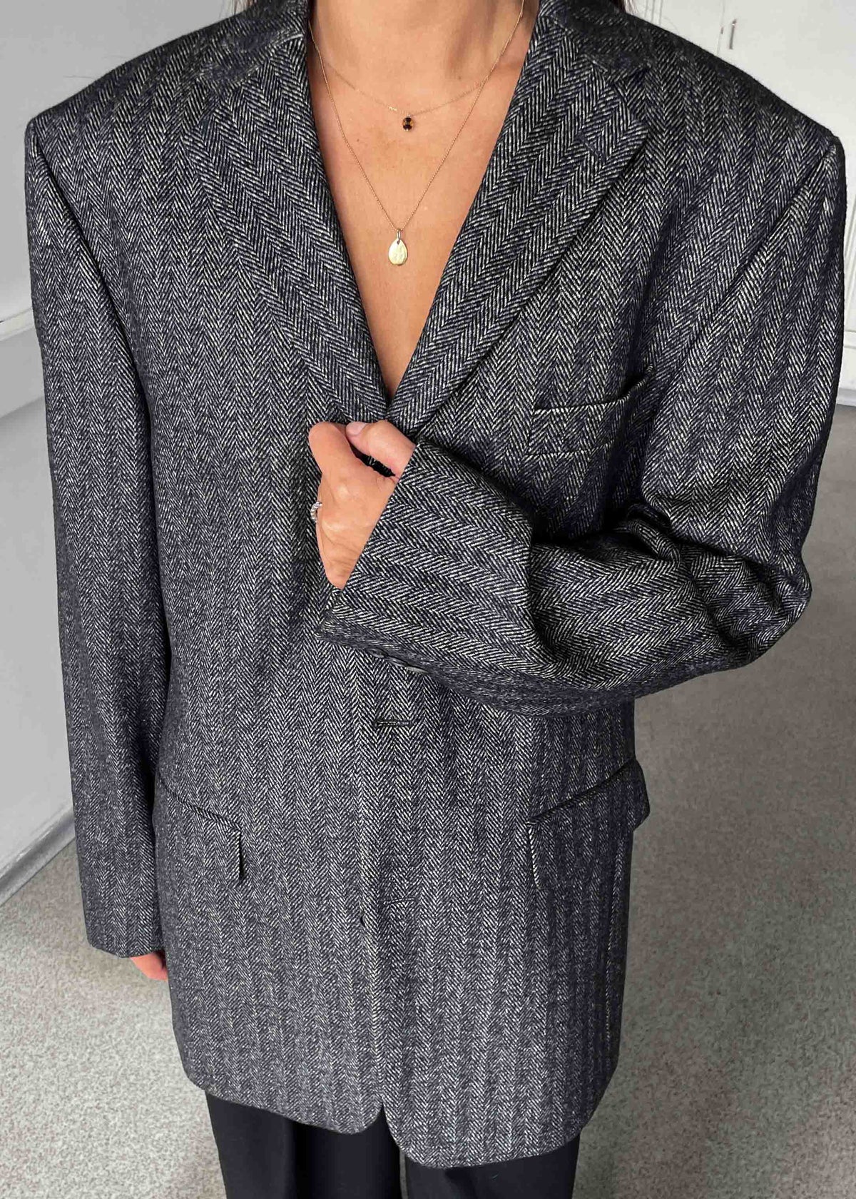Vintage Dark Grey Patterned Oversized 100% WOOL Blazer