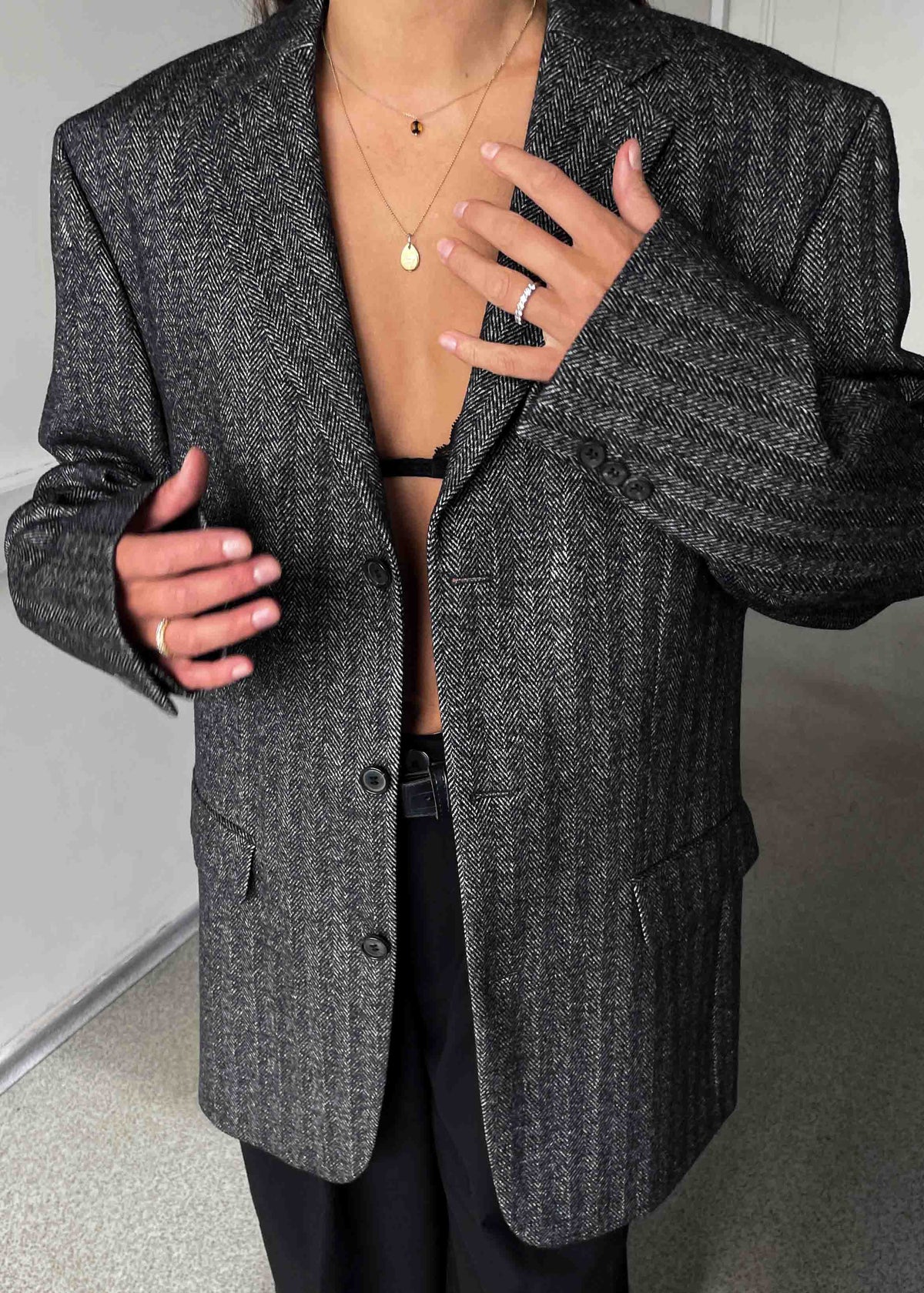 Vintage Dark Grey Patterned Oversized 100% WOOL Blazer