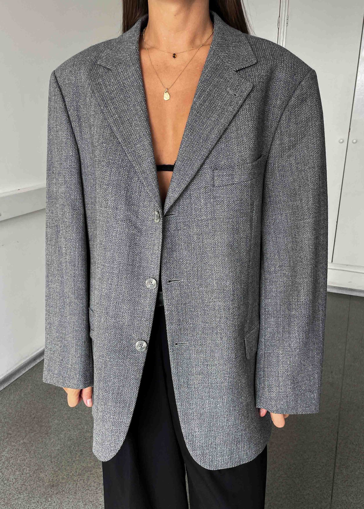 Vintage Light Grey Patterned Oversized 100% WOOL Blazer