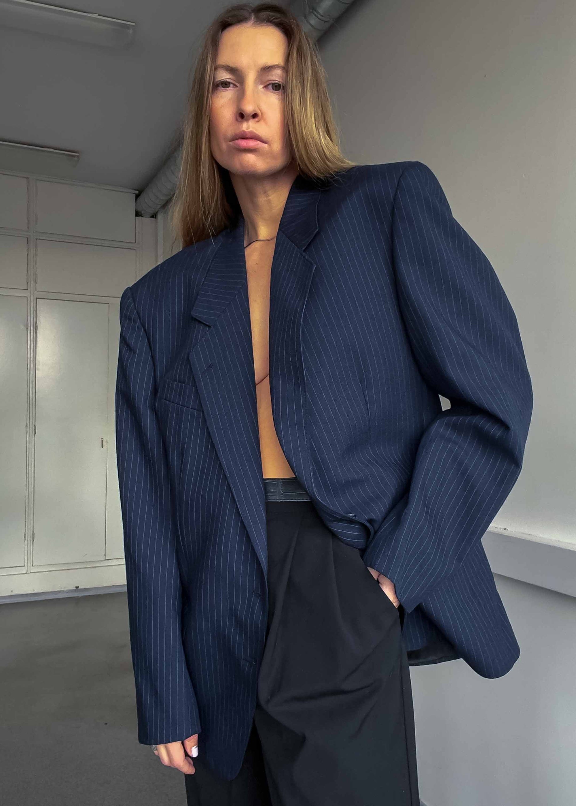 Vintage Blue Pinstripe Oversized Blazer