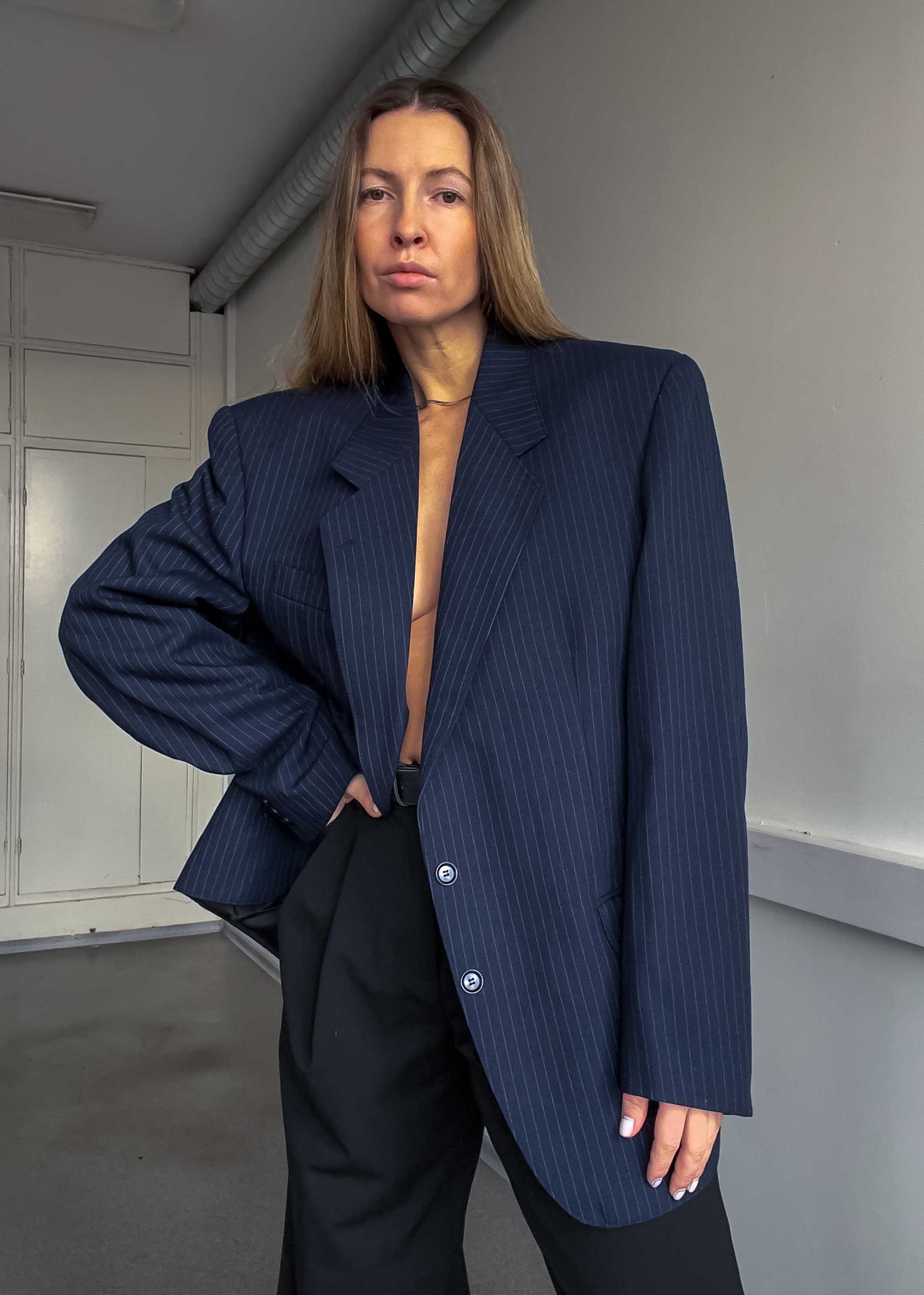 Vintage Blue Pinstripe Oversized Blazer