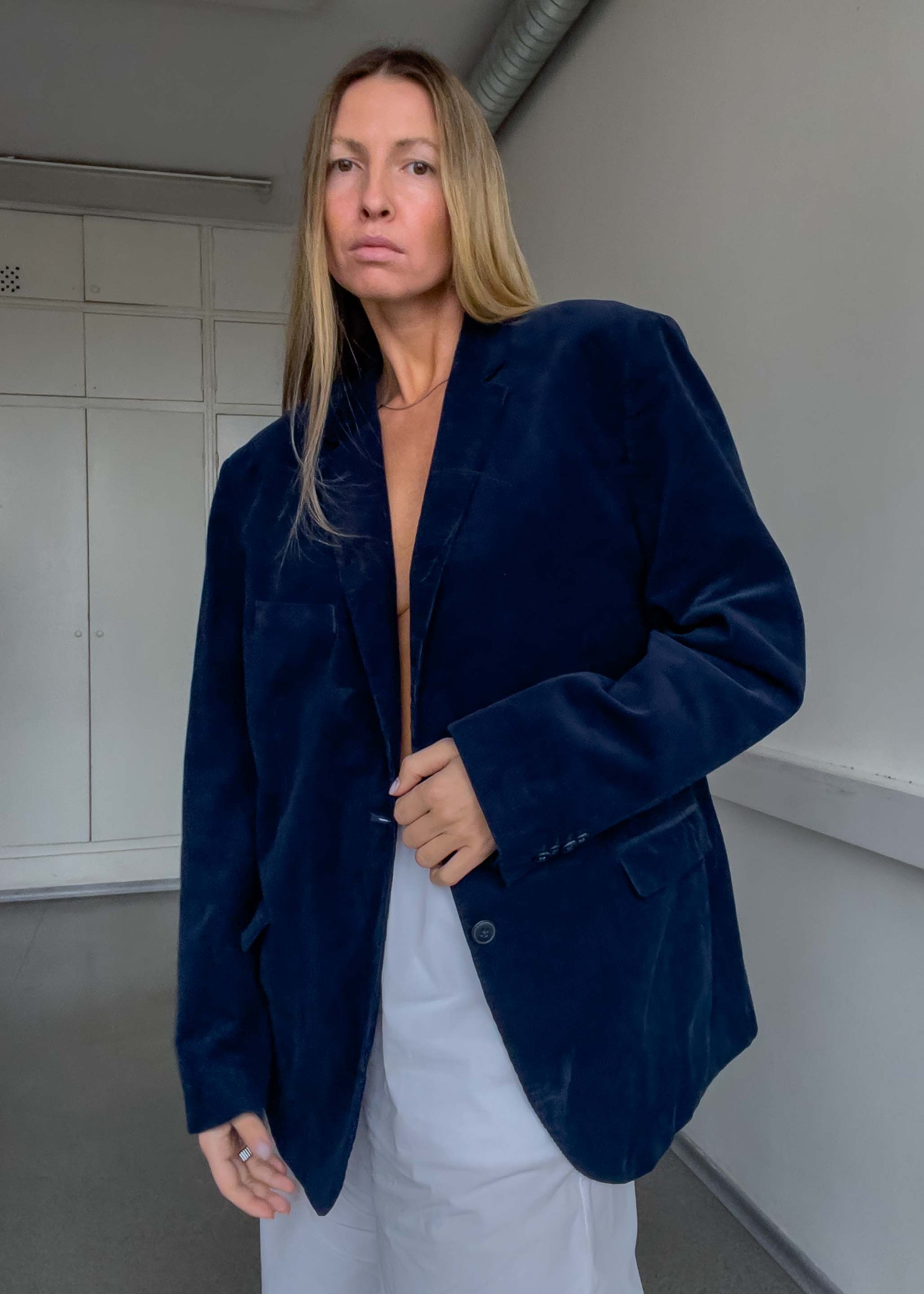 Vintage Navy Blue Oversized Corduroy Blazer