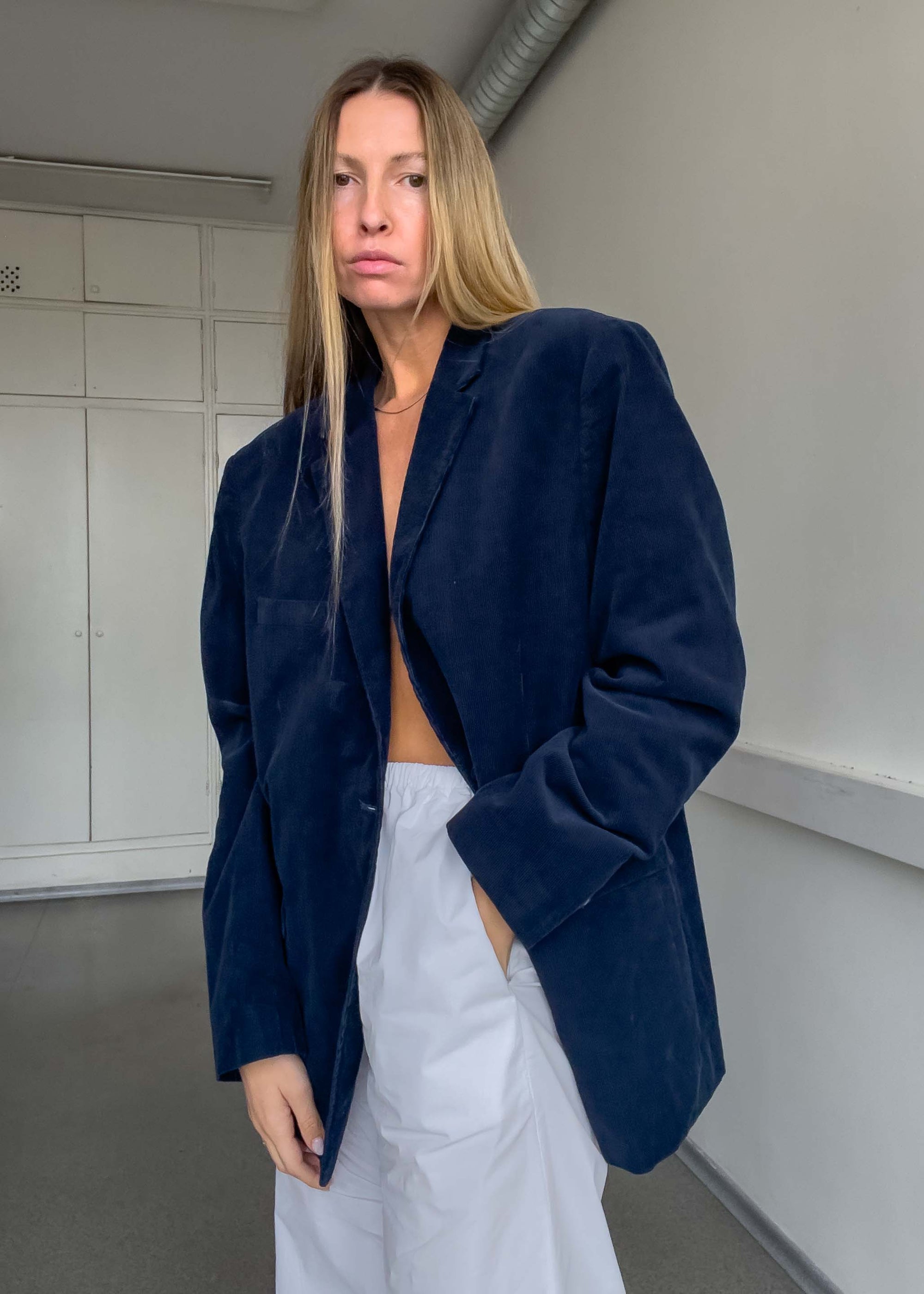 Vintage Navy Blue Oversized Corduroy Blazer