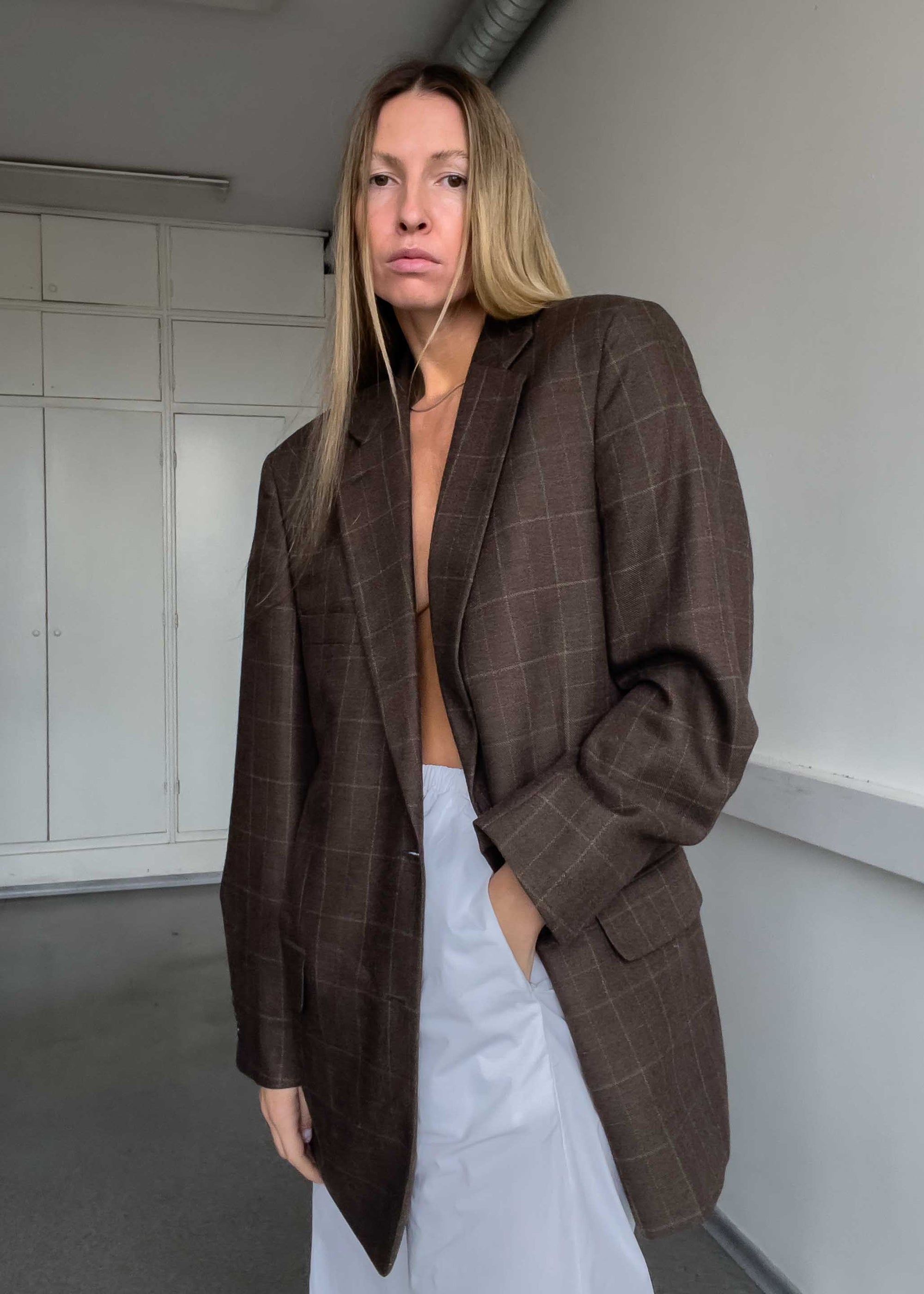 Vintage Brown Checked Oversized Blazer