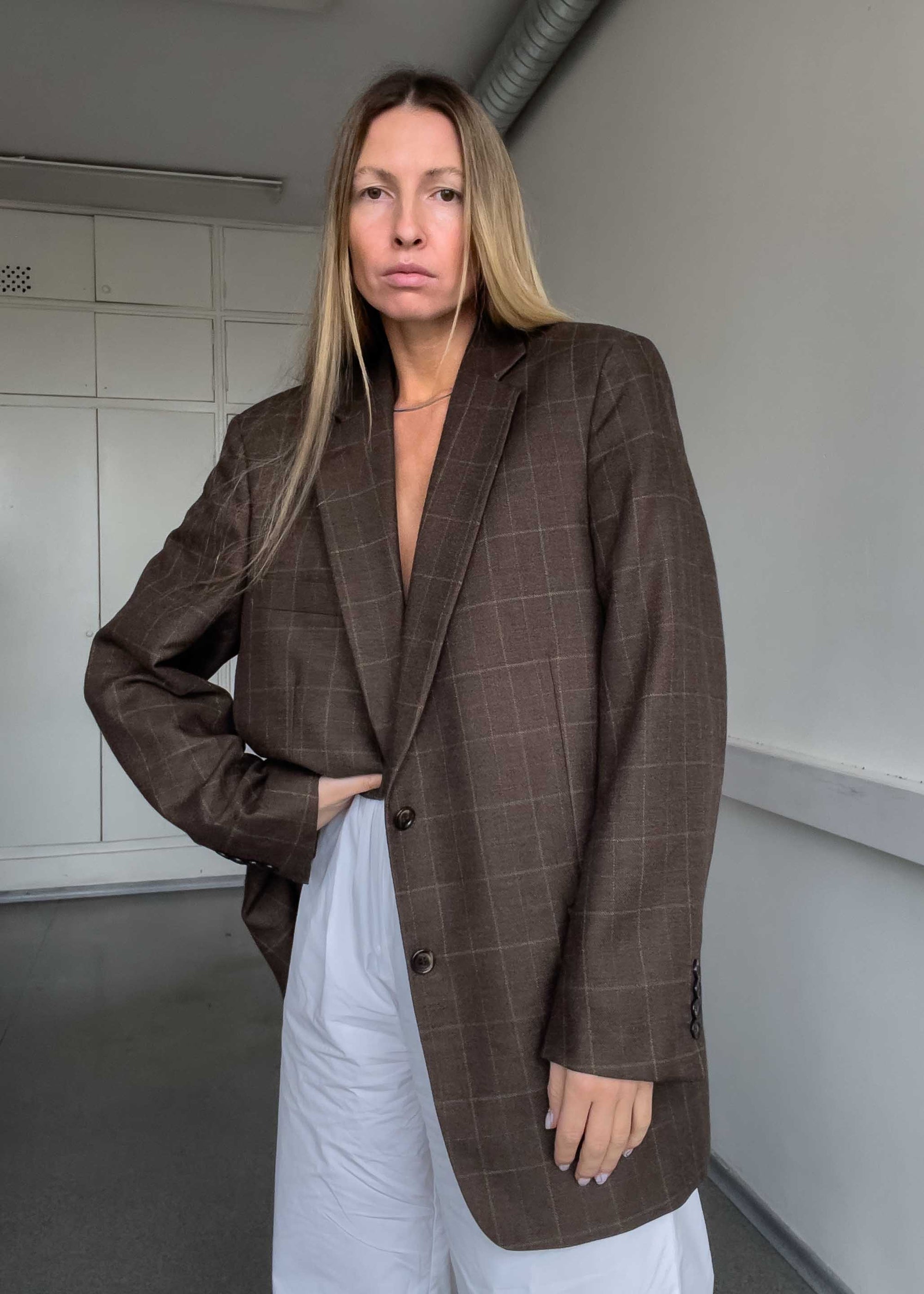 Vintage Brown Checked Oversized Blazer