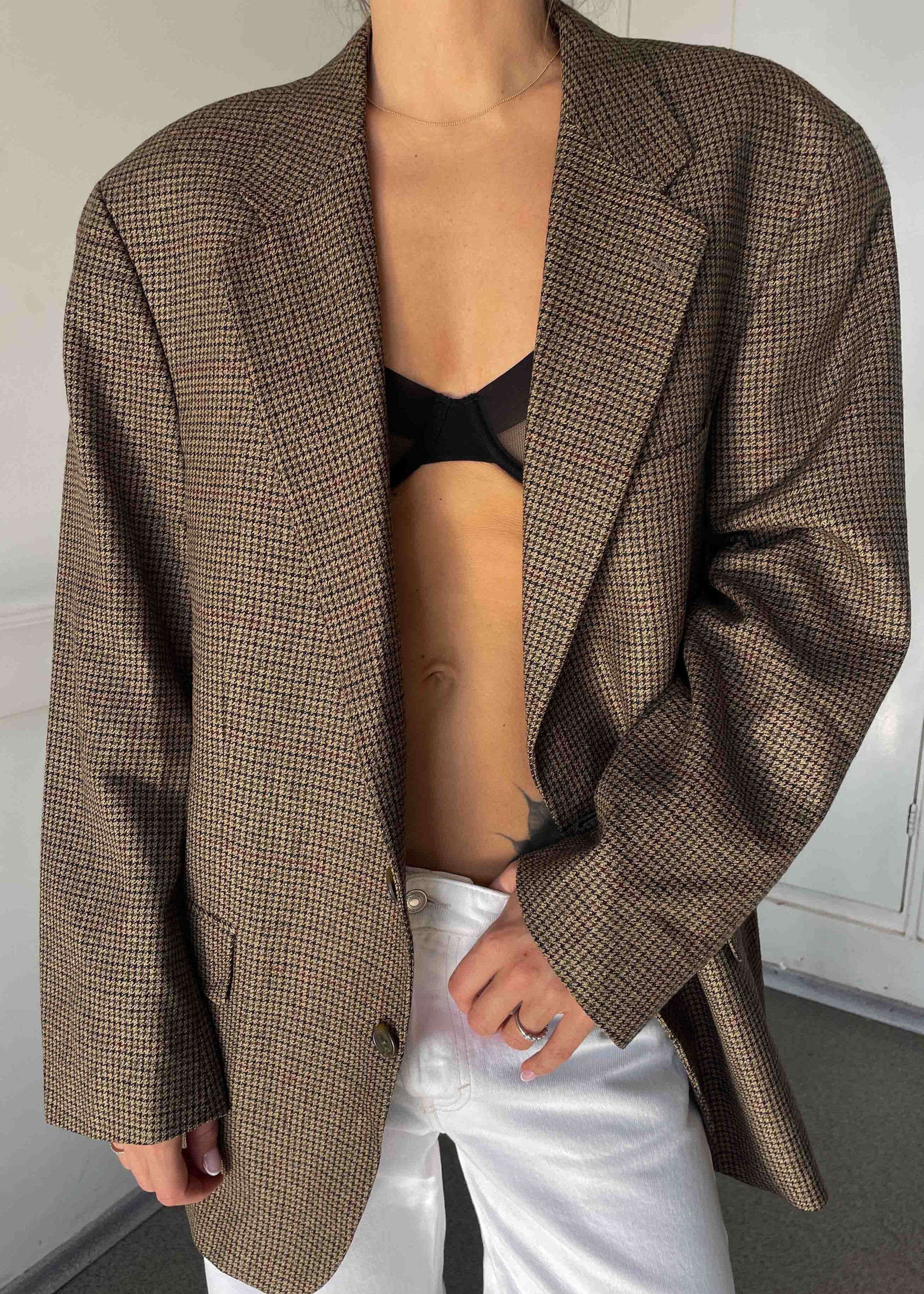 Vintage Brown Dogtooth Print Oversized Blazer CHAPS by RALPH LAUREN