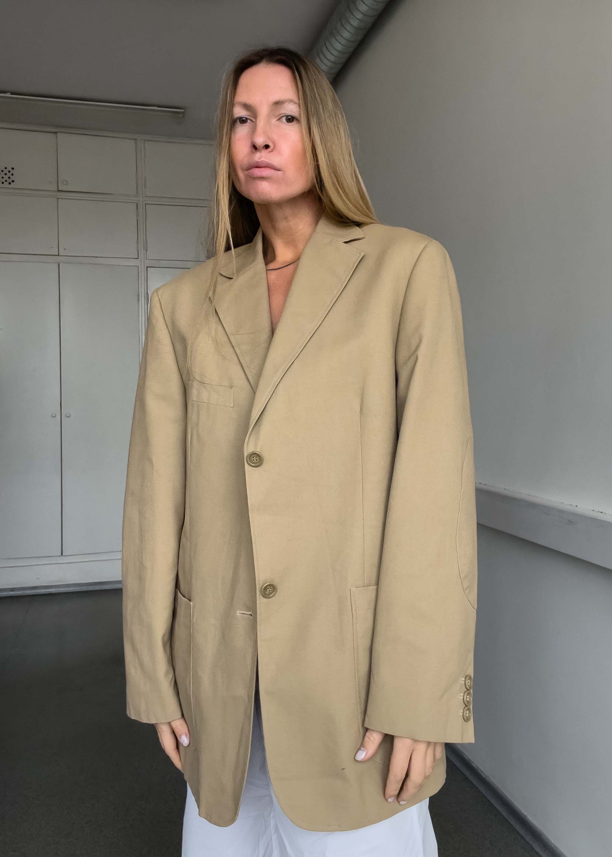 Vintage Beige Oversized Cotton Blazer