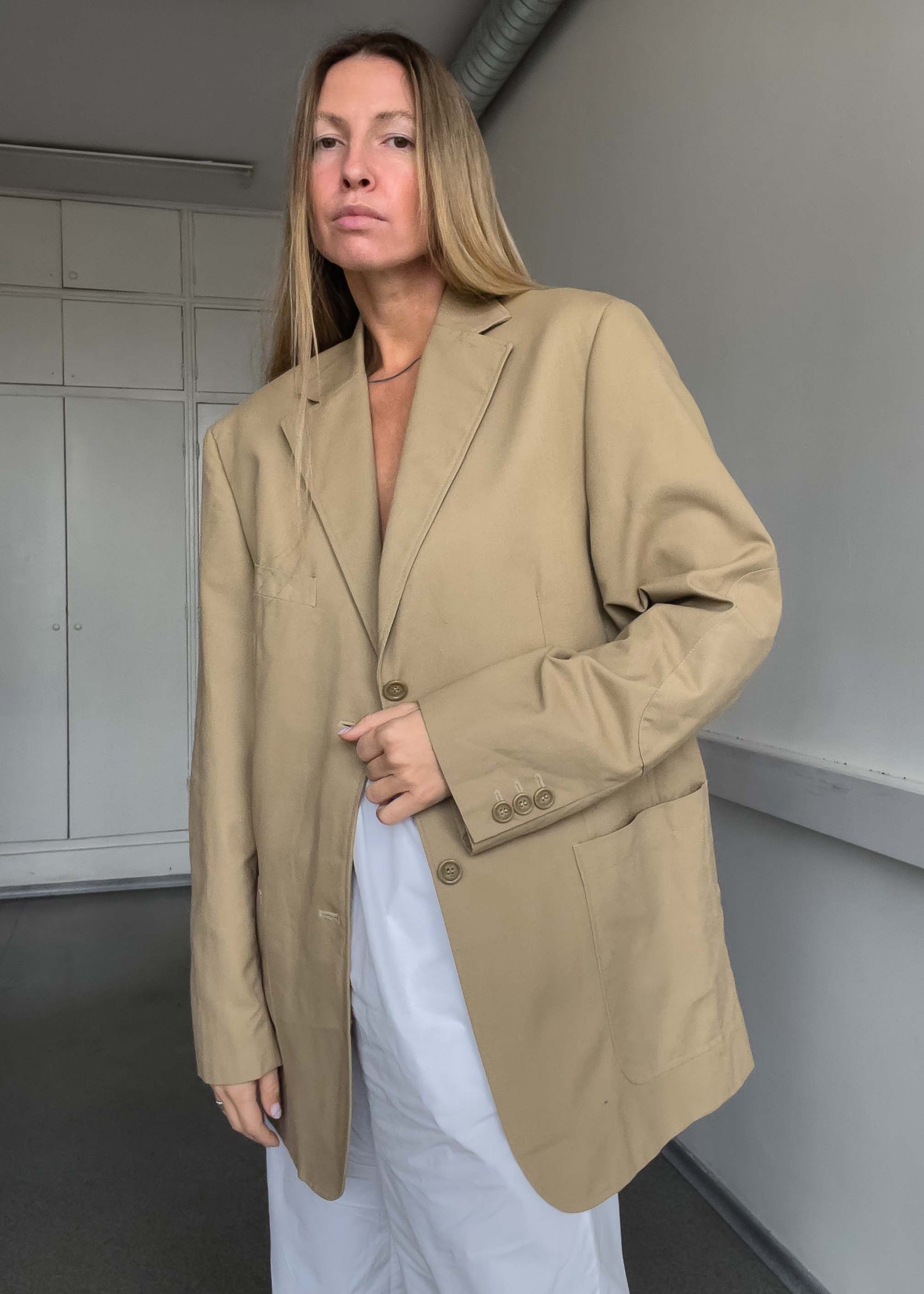 Vintage Beige Oversized Cotton Blazer