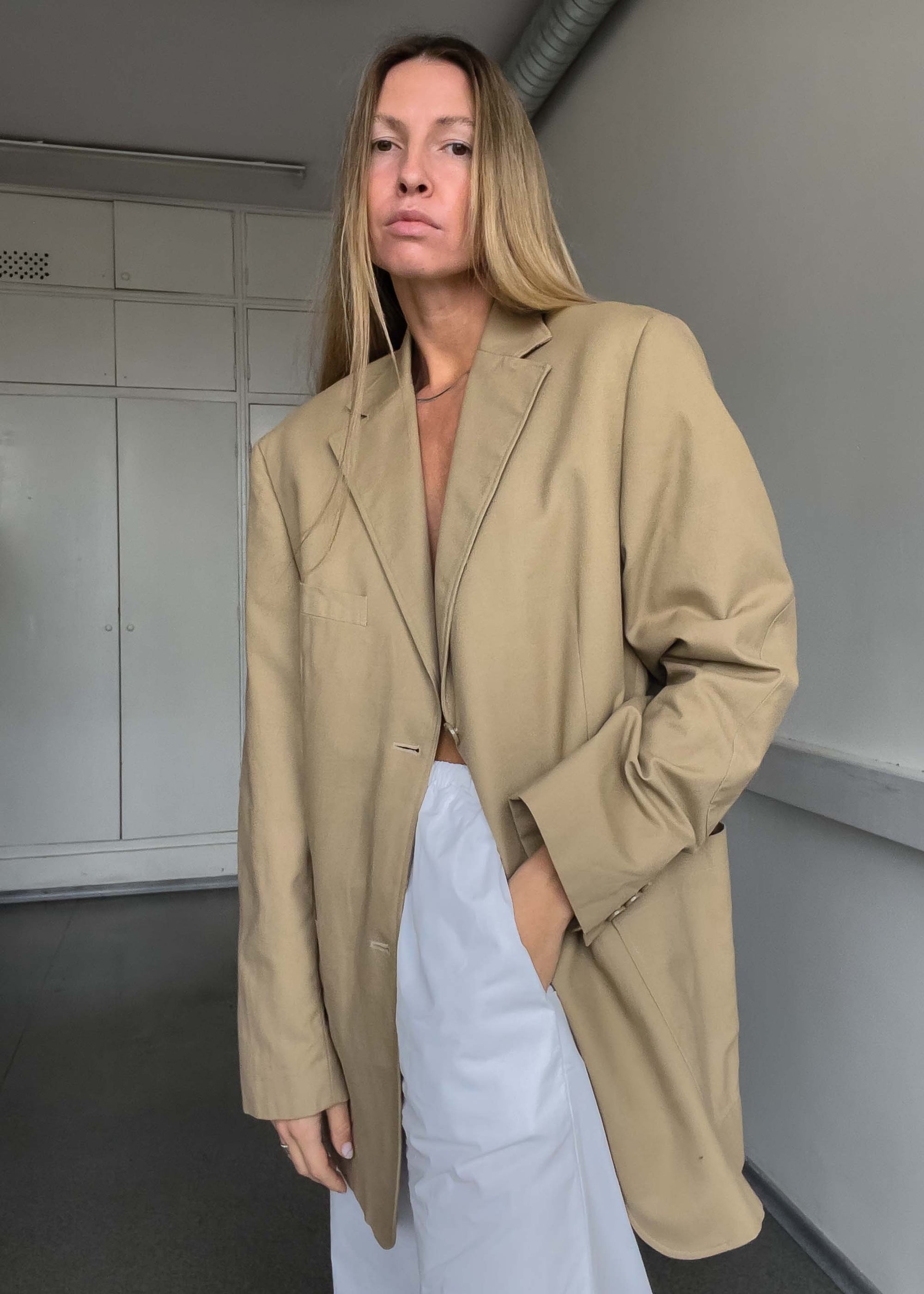 Vintage Beige Oversized Cotton Blazer