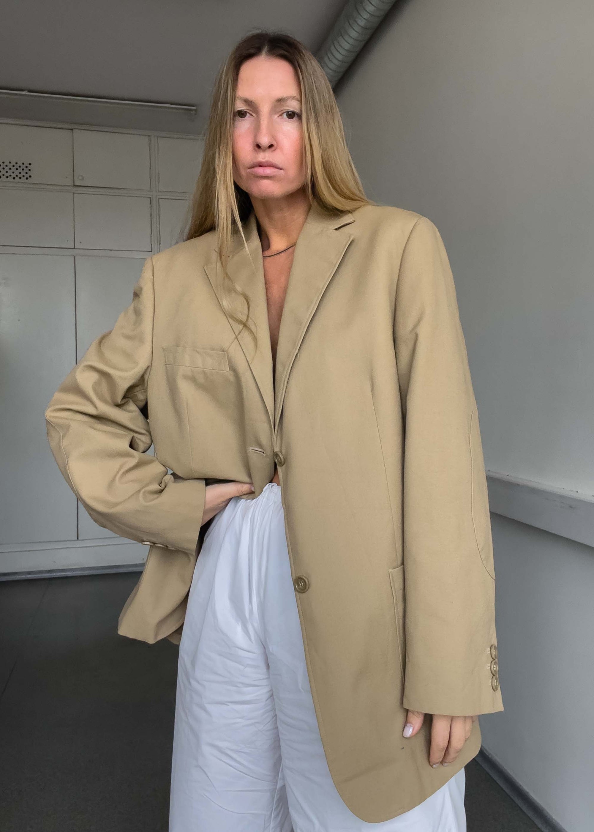 Vintage Beige Oversized Cotton Blazer