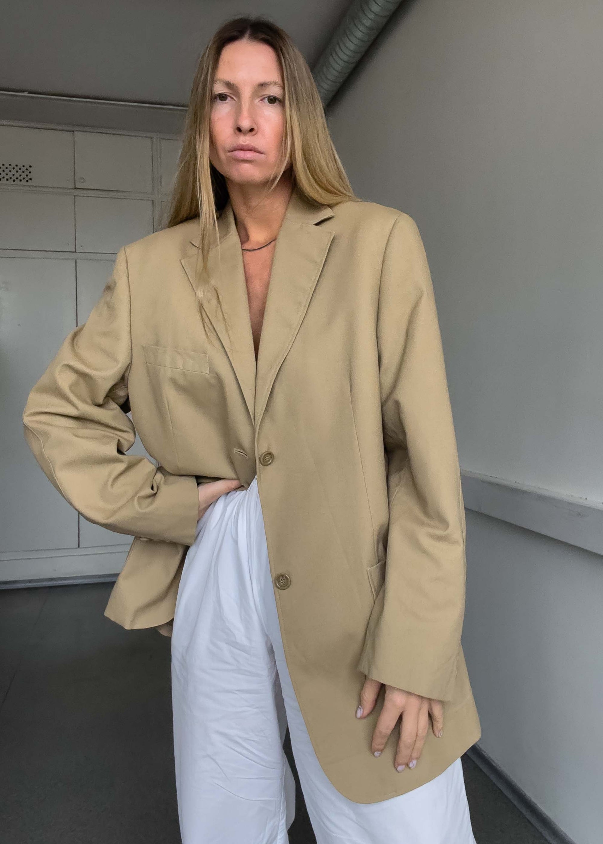Vintage Beige Oversized Cotton Blazer