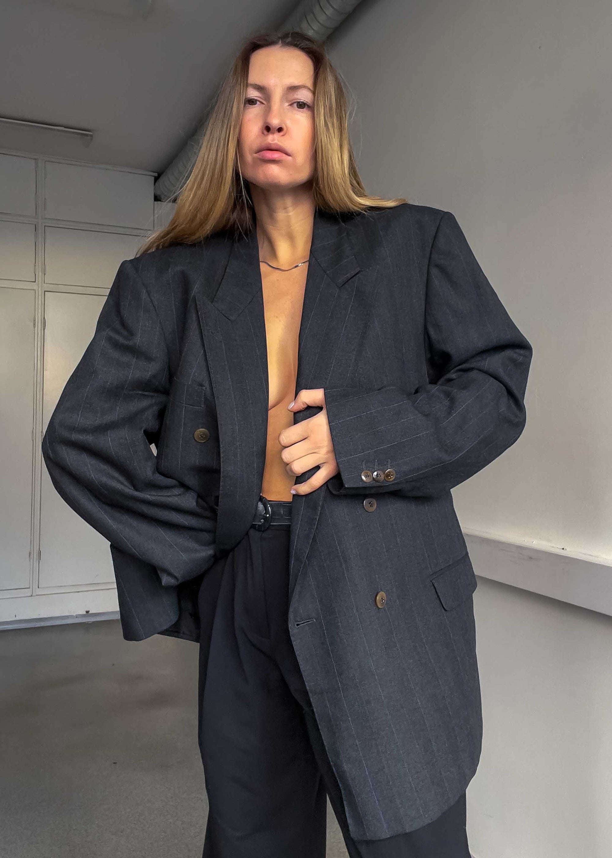 Vintage Grey Striped Oversized Double Breasted Blazer