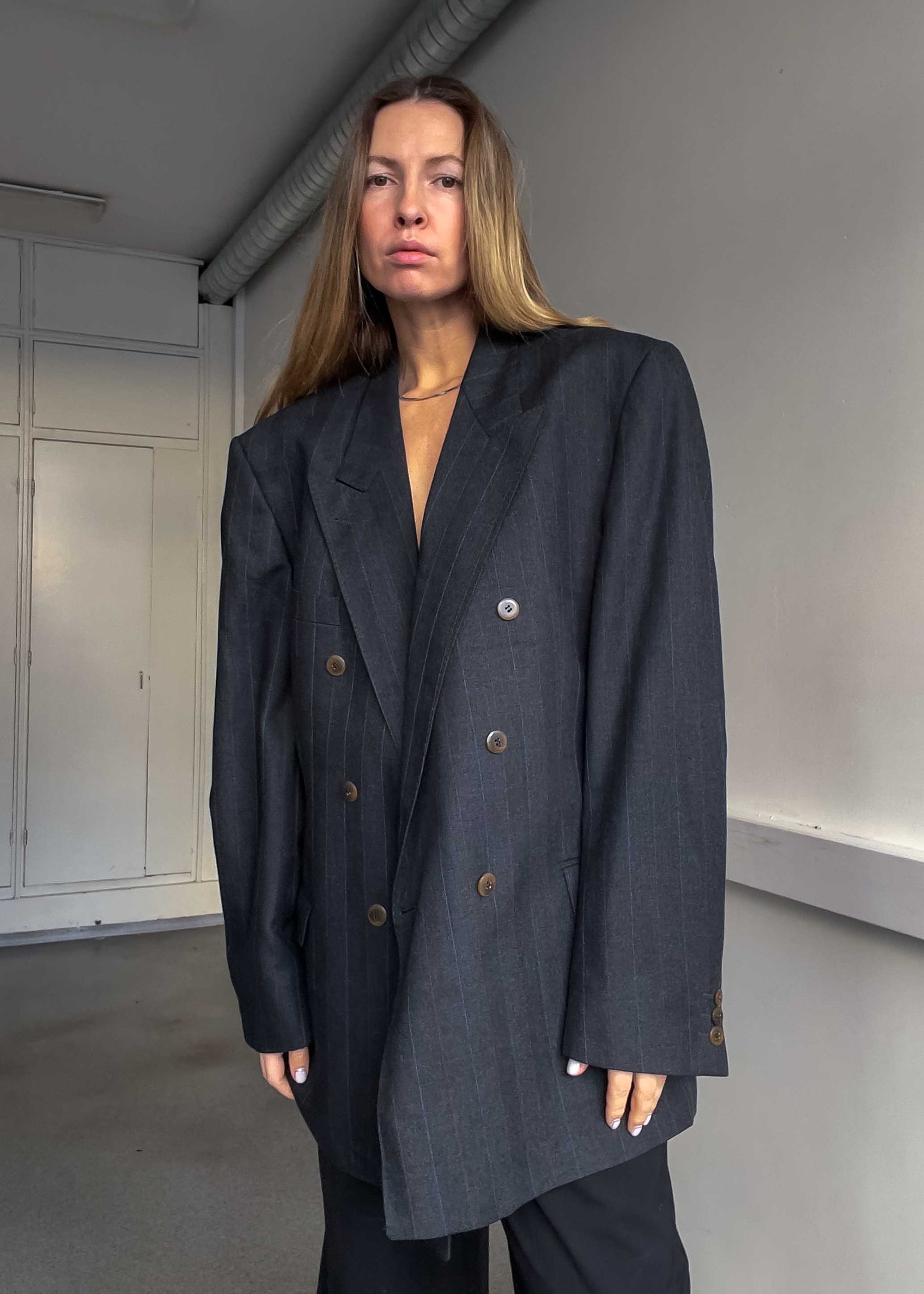 Vintage Grey Striped Oversized Double Breasted Blazer