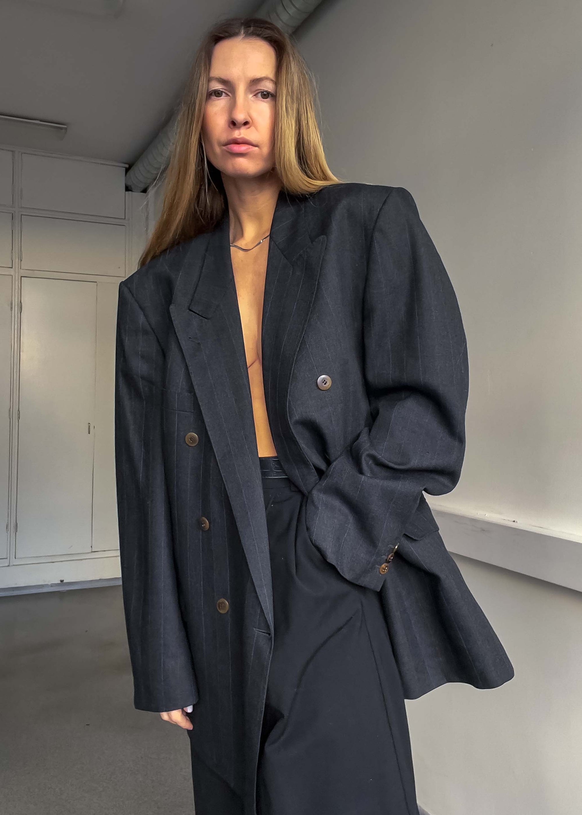 Vintage Grey Striped Oversized Double Breasted Blazer