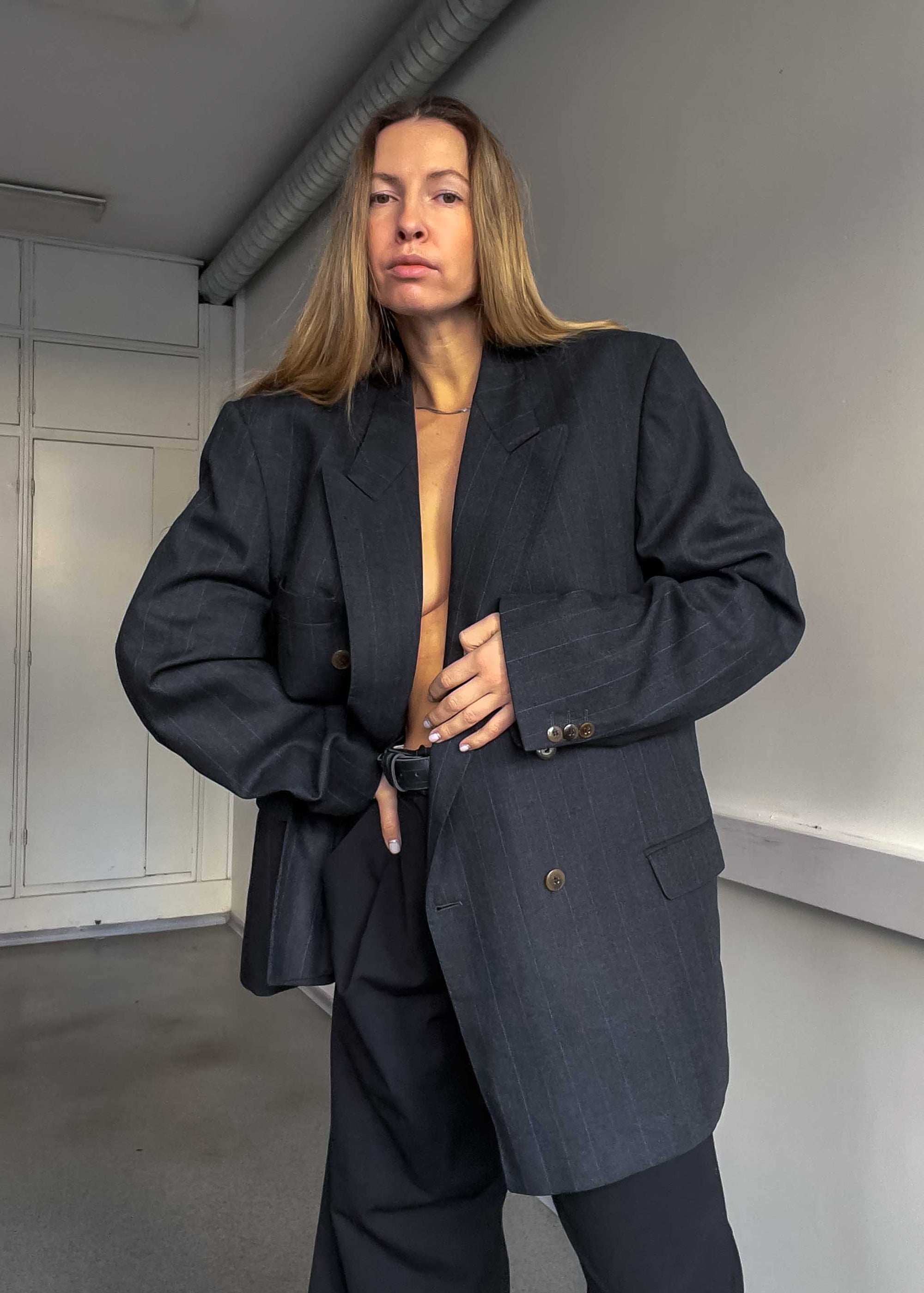 Vintage Grey Striped Oversized Double Breasted Blazer
