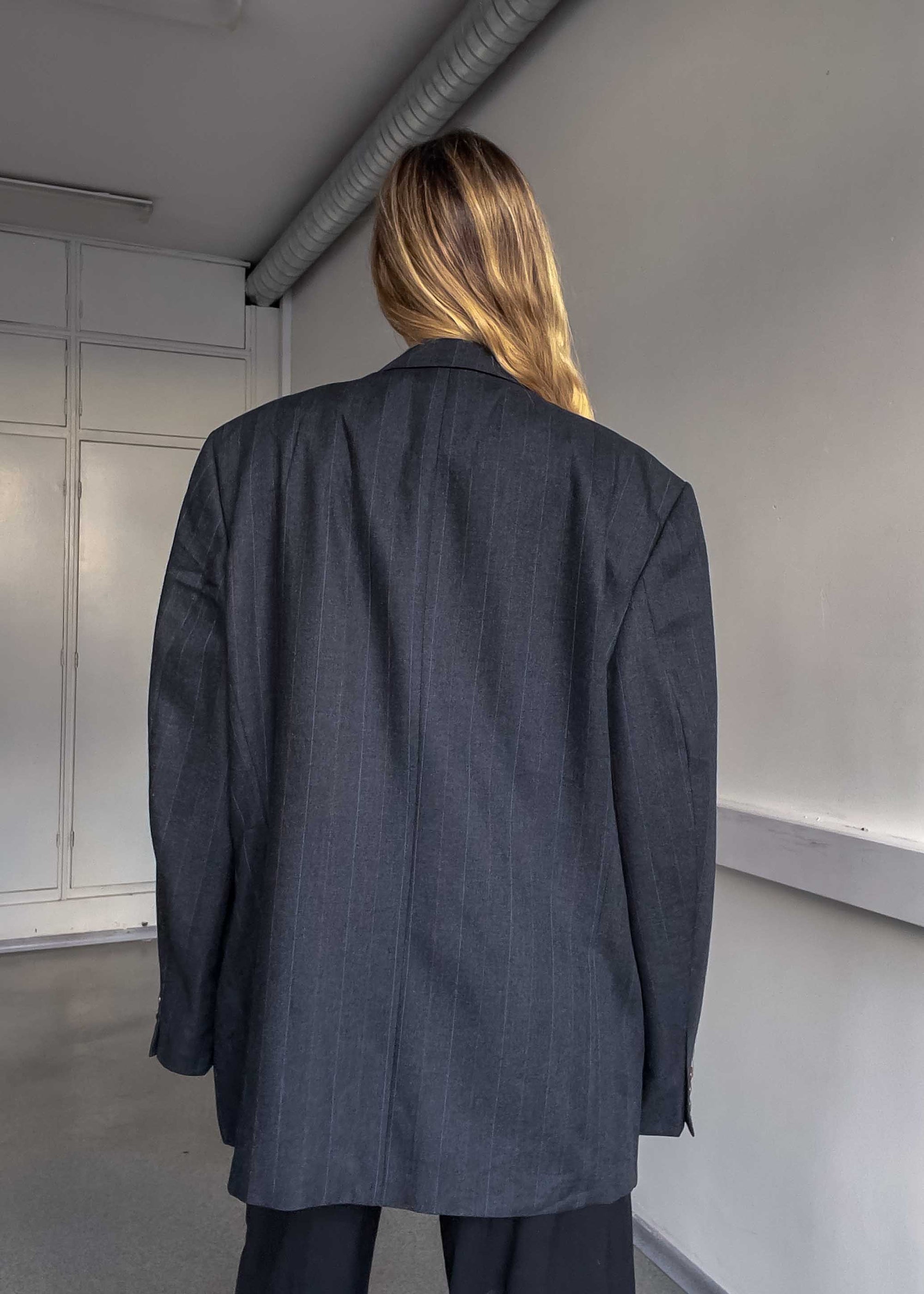 Vintage Grey Striped Oversized Double Breasted Blazer