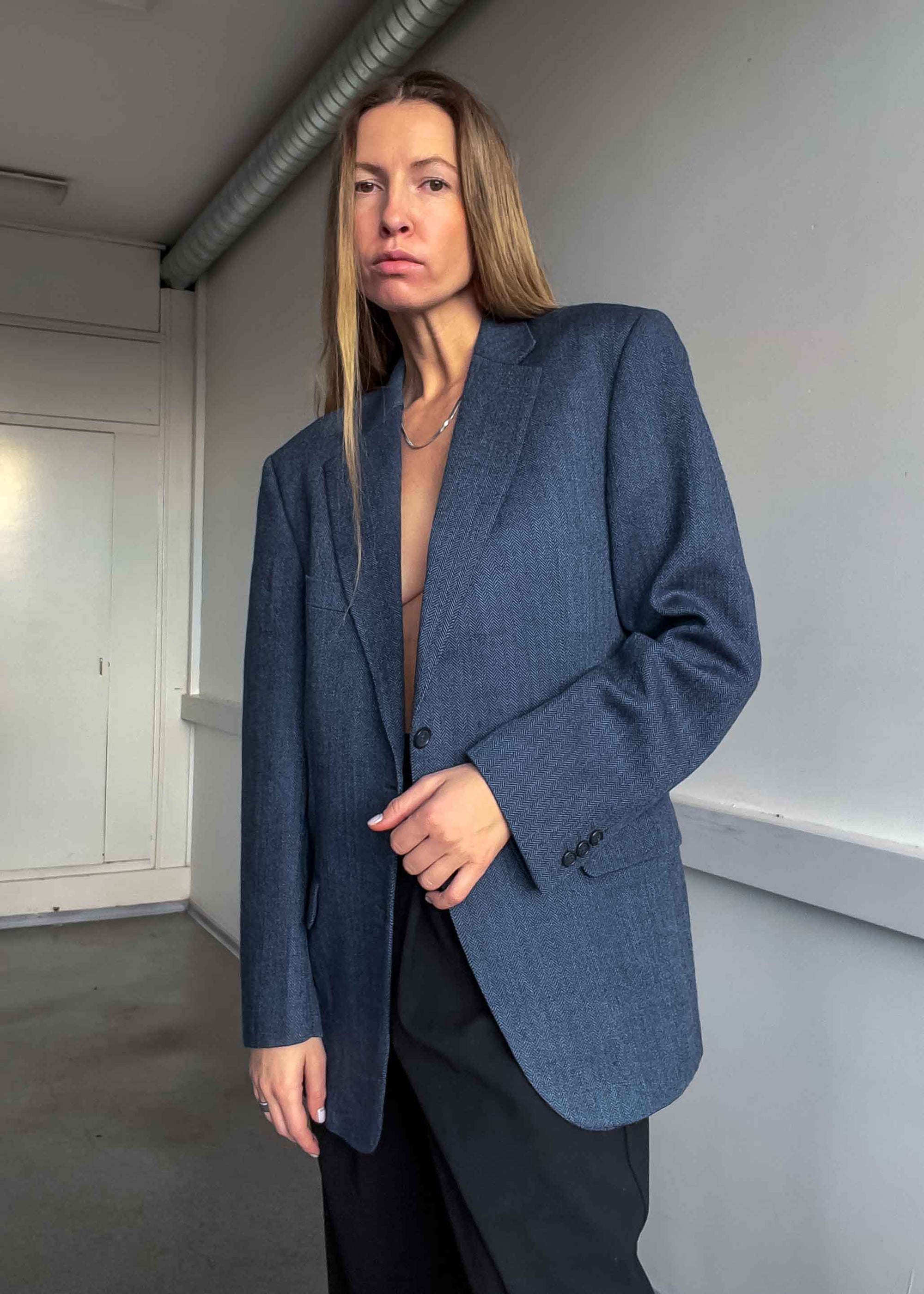 Vintage Blue Patterned Oversized 100% WOOL Blazer