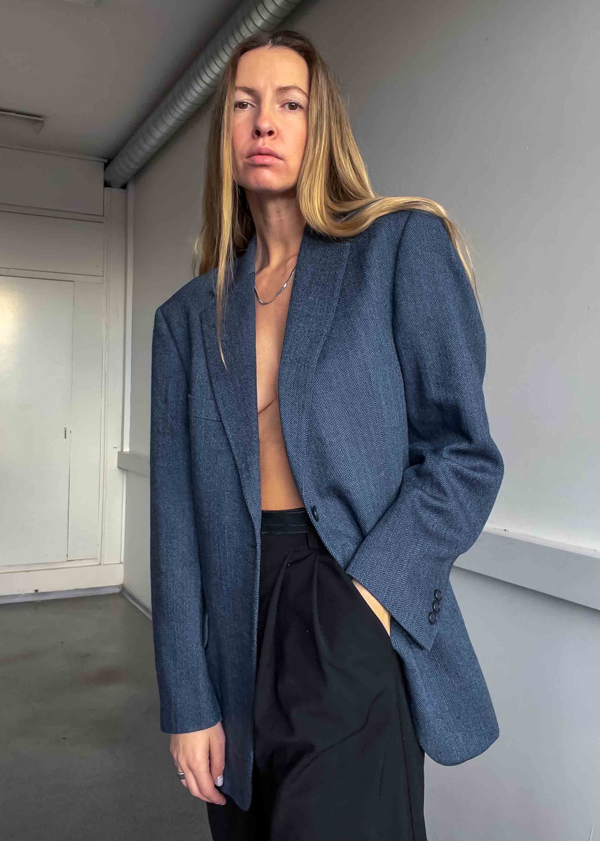 Vintage Blue Patterned Oversized 100% WOOL Blazer