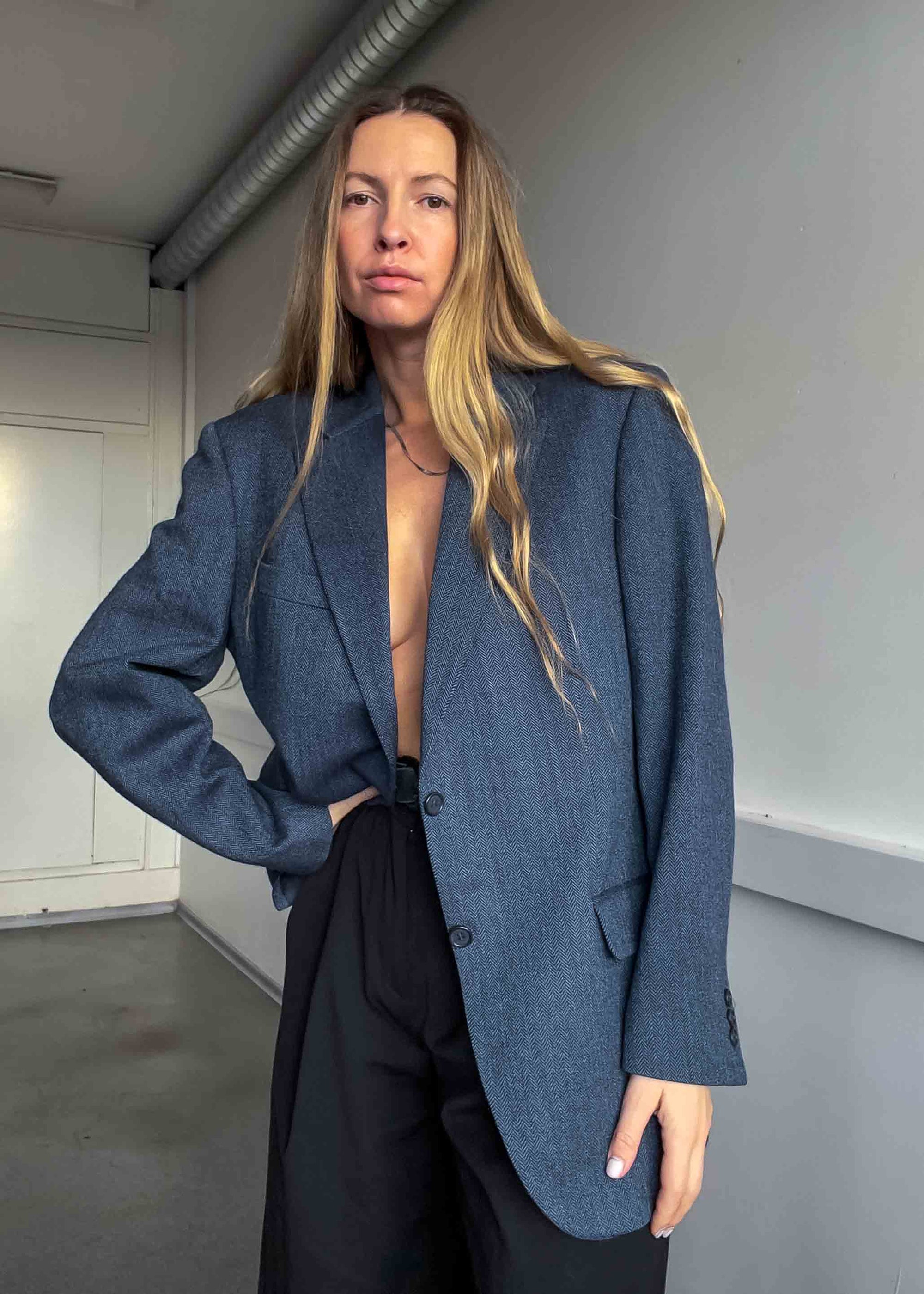 Vintage Blue Patterned Oversized 100% WOOL Blazer