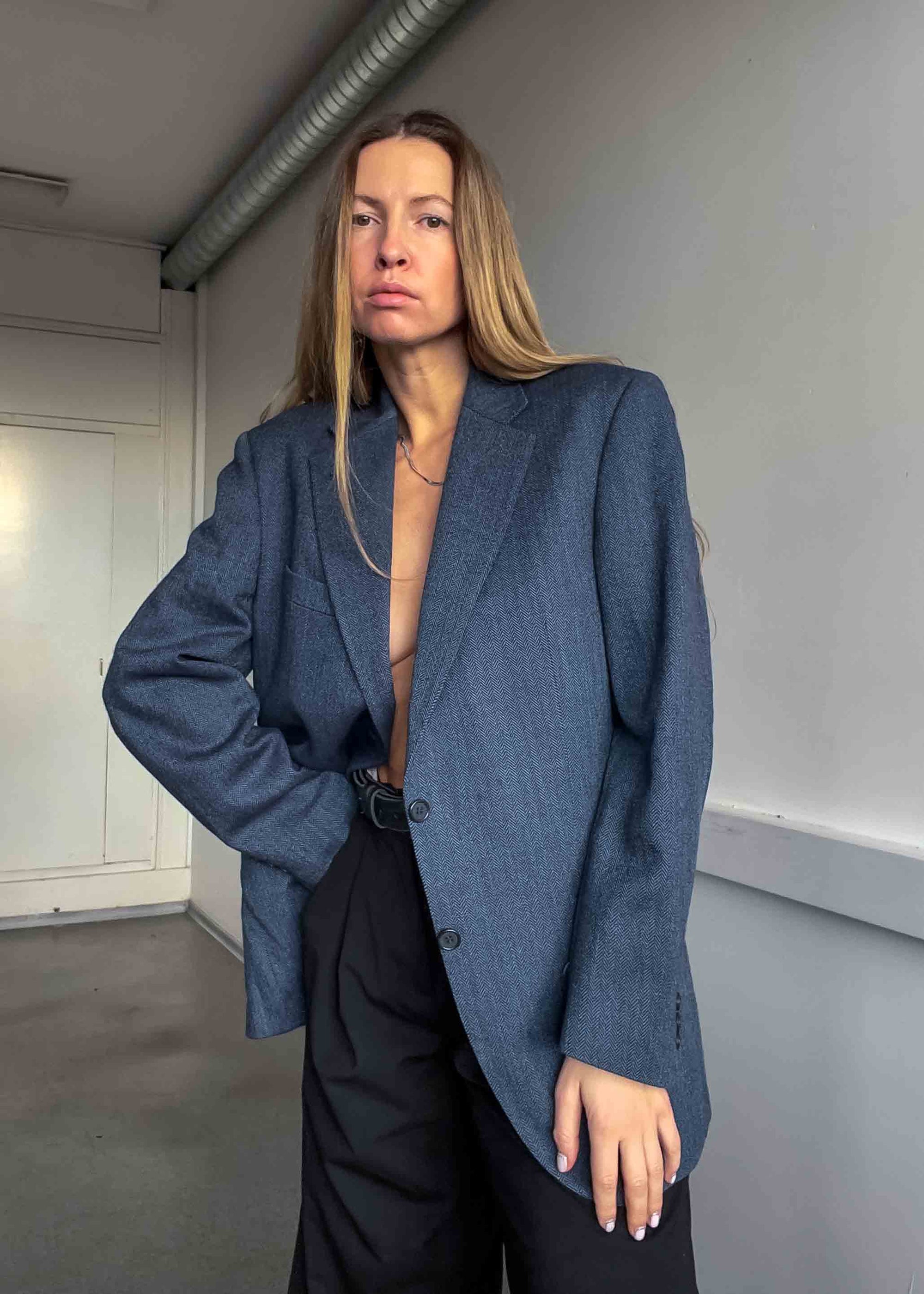 Vintage Blue Patterned Oversized 100% WOOL Blazer