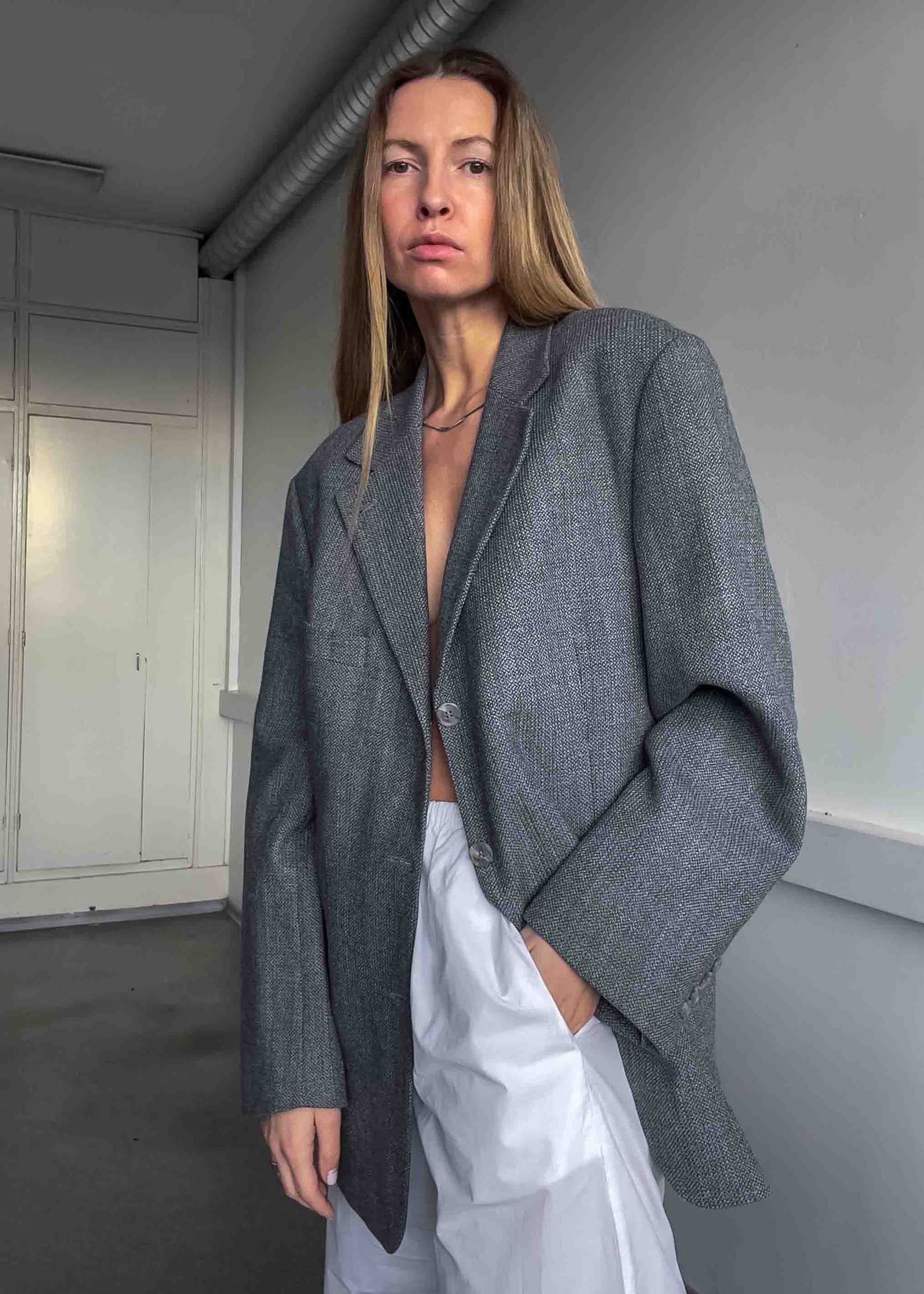 Vintage Light Grey Patterned Oversized 100% WOOL Blazer