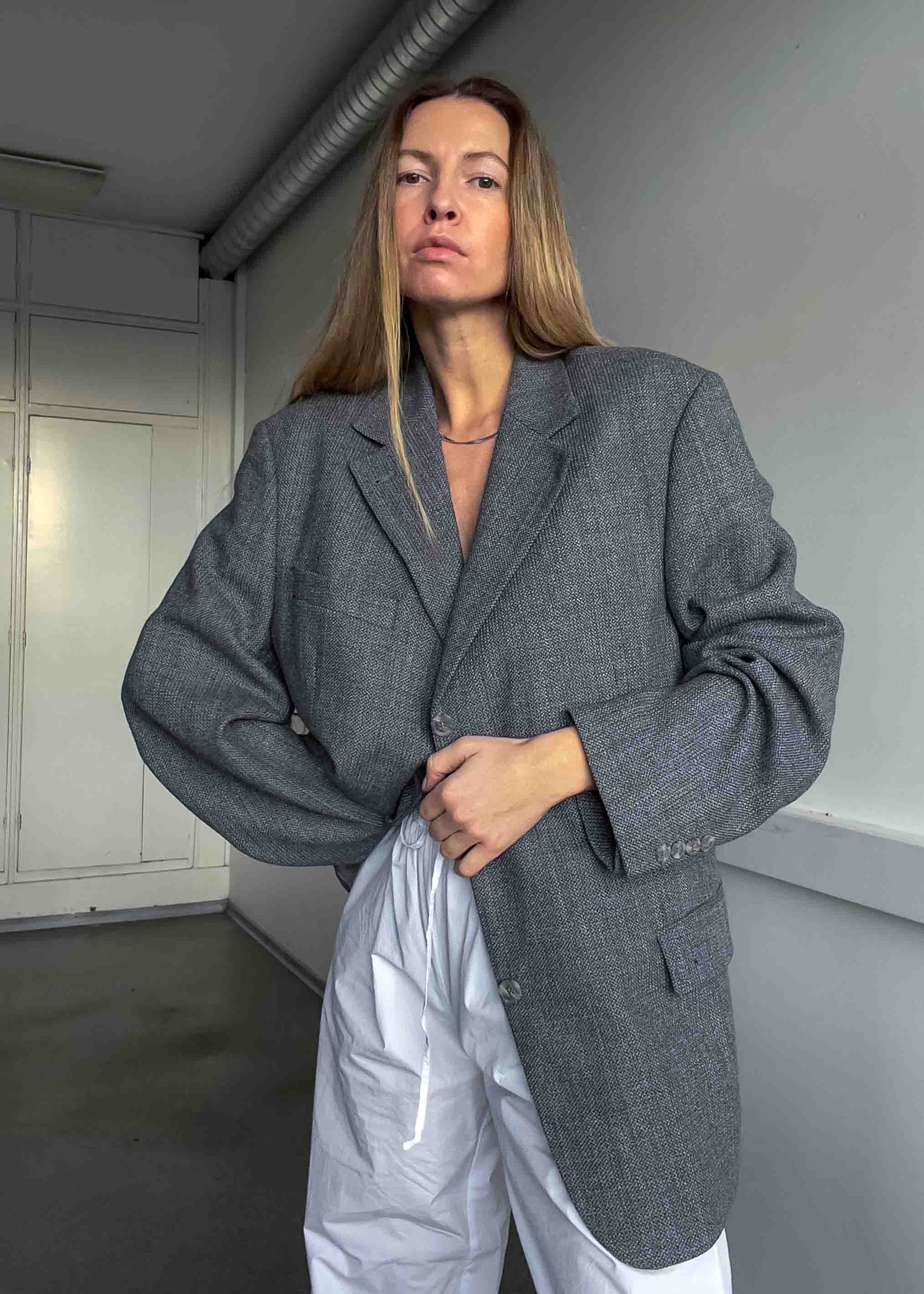 Vintage Light Grey Patterned Oversized 100% WOOL Blazer