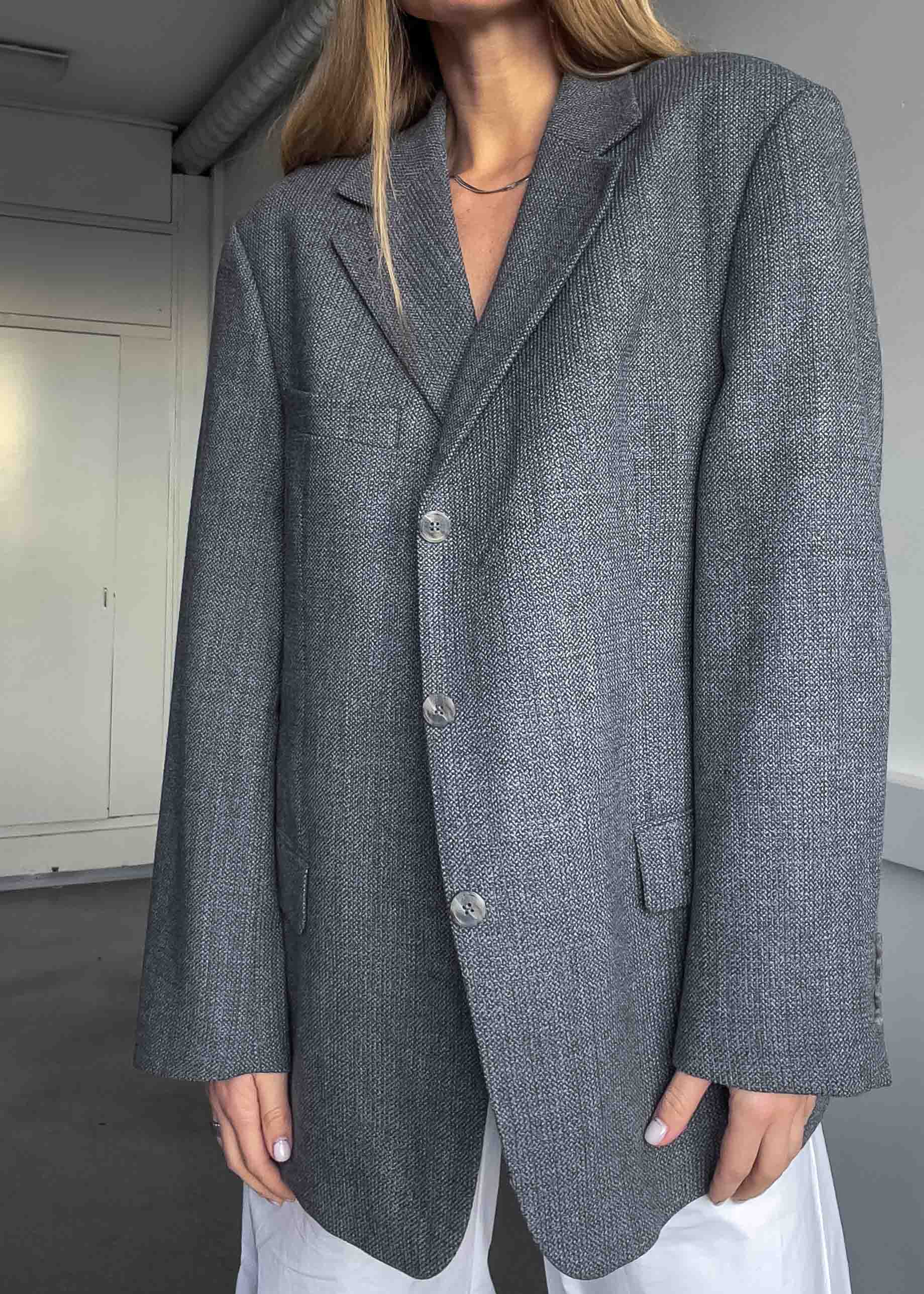 Vintage Light Grey Patterned Oversized 100% WOOL Blazer